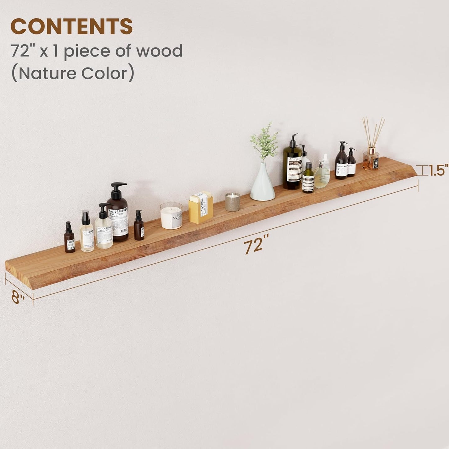 Floating Shelves for Wall Decor, Rustic Solid Elm Wood Floating Shelves Wall Mounted, Wall Shelves with Invisible Bracket for Living Room Bathroom Bedroom Kitchen, 72 Inch, Natural
