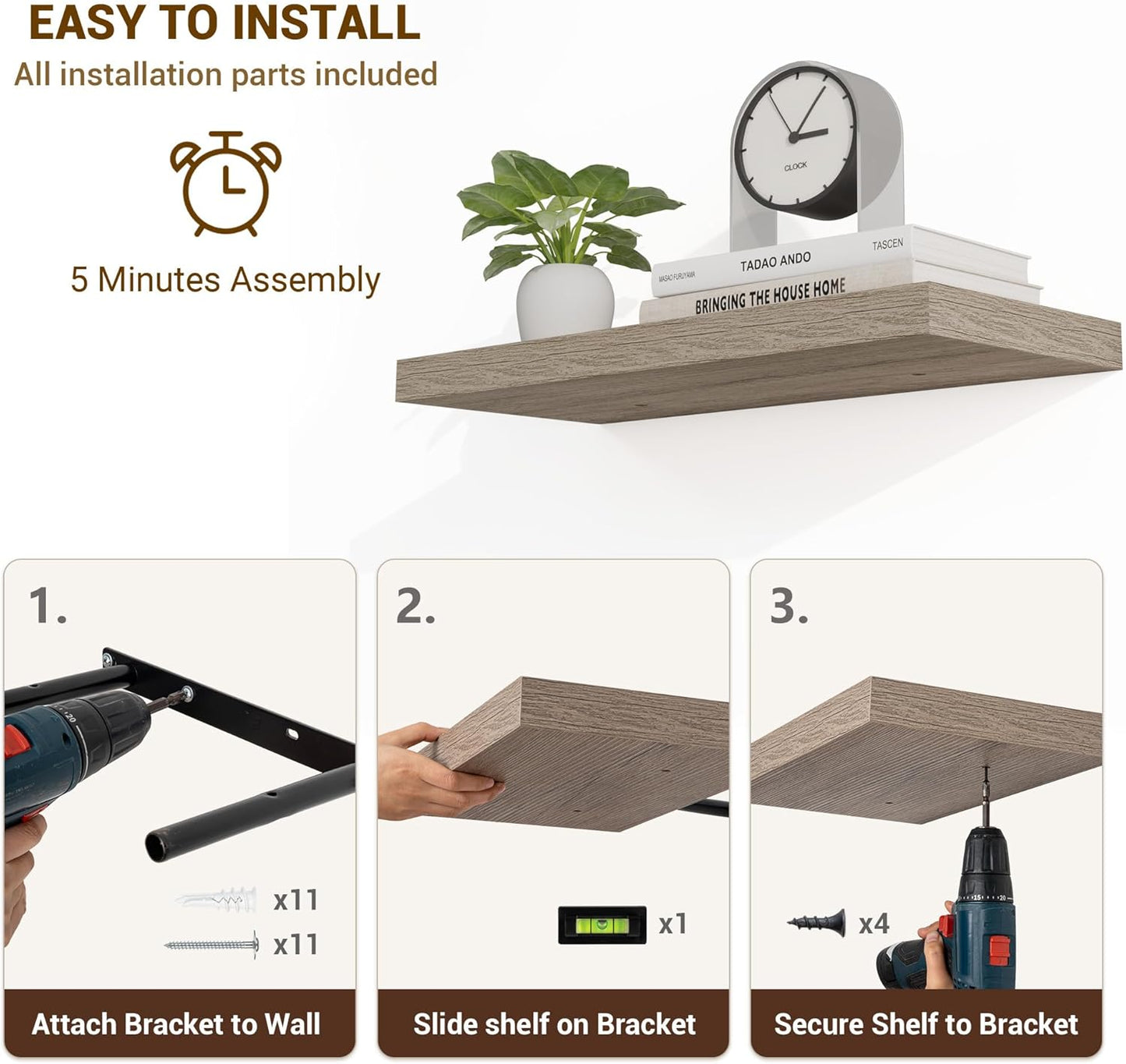 16 Inch Floating Shelves, 3D Textured Wood Grain, 16"x9.25"x1.5" Inch Deep Floating Shelves for Wall, Wooden Shelves for Bathroom, Bedroom, Living Room, Vintage Gray Oak