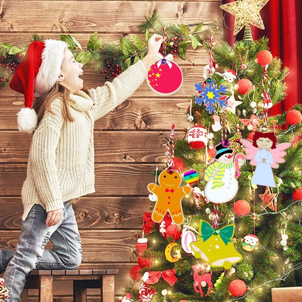 48PCS Christmas Crafts for Kids, Wooden Christmas Ornaments Unfinished Wood Slices with 6 Styles, DIY Christmas Ornaments Kits for Christmas Tree Holiday Hanging Decorations