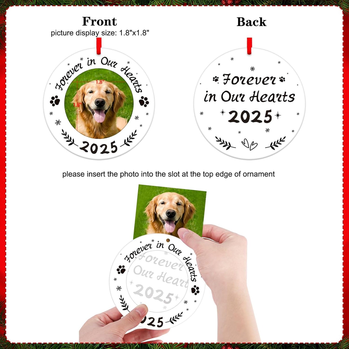 WaaHome Picture Frame Dog Memorial Christmas Ornaments 2025 - Forever in Our Hearts Pet Memorial Ornaments for Christmas Tree, Pet Sympathy Remembrance Gifts for Loss of Dogs Cats Pets