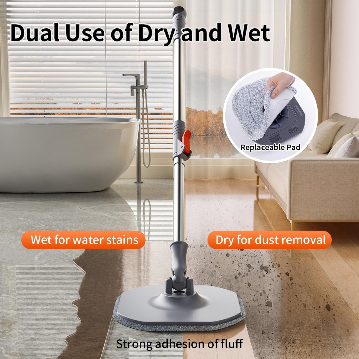 Spin Mop and Bucket with Separate Dirty and Clean Water,360° Spin Mop and Bucket System with Widening Foldable Handle,2 Replaceable Mop Pads,Square Mop for Floor Hardwood Tile Marble Wall Cleaning