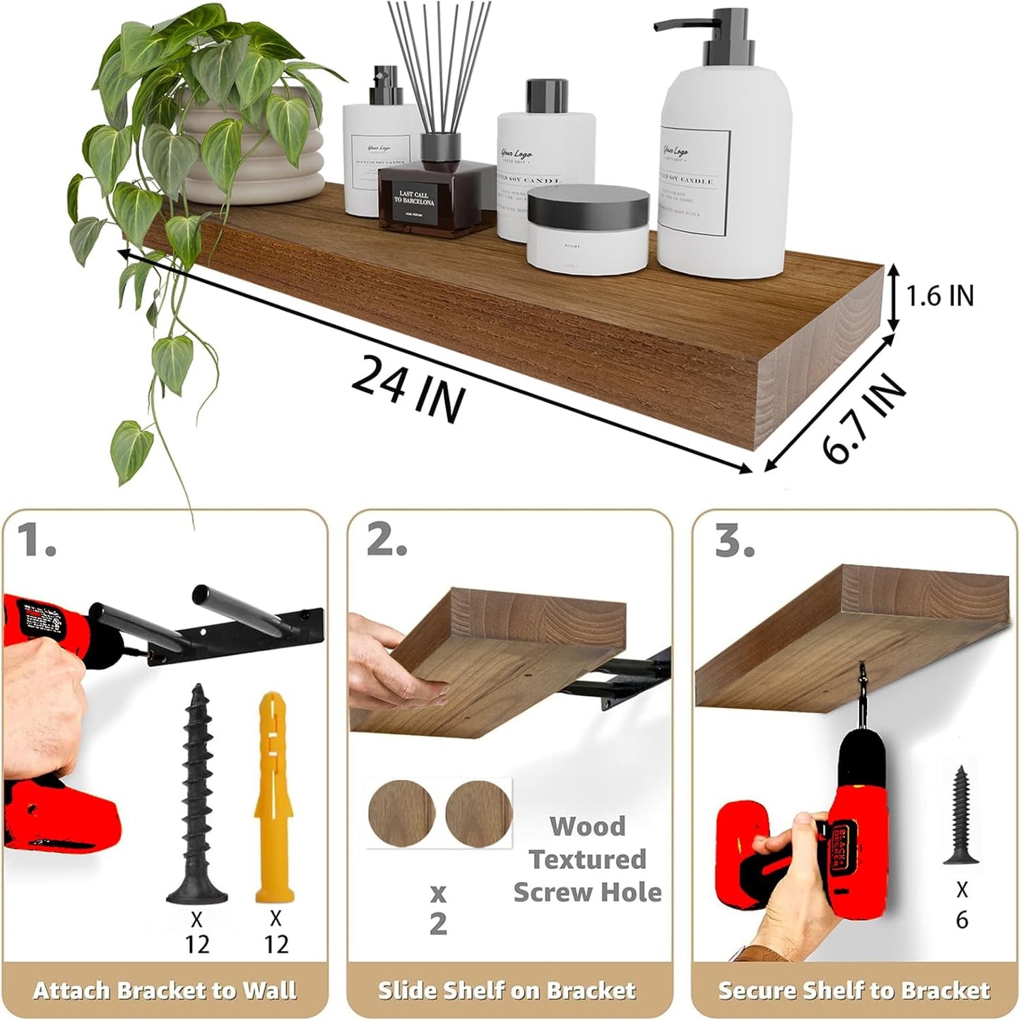 IAE Walnut Floating Wall Shelves 24 inch, Bathroom Shelves Wall Mounted,Invisible Shelves Floating Kitchen Shelves,Wooden Wall Shelves with Brackets for Living Room Wall Mounted,Easy Install,Set of 2