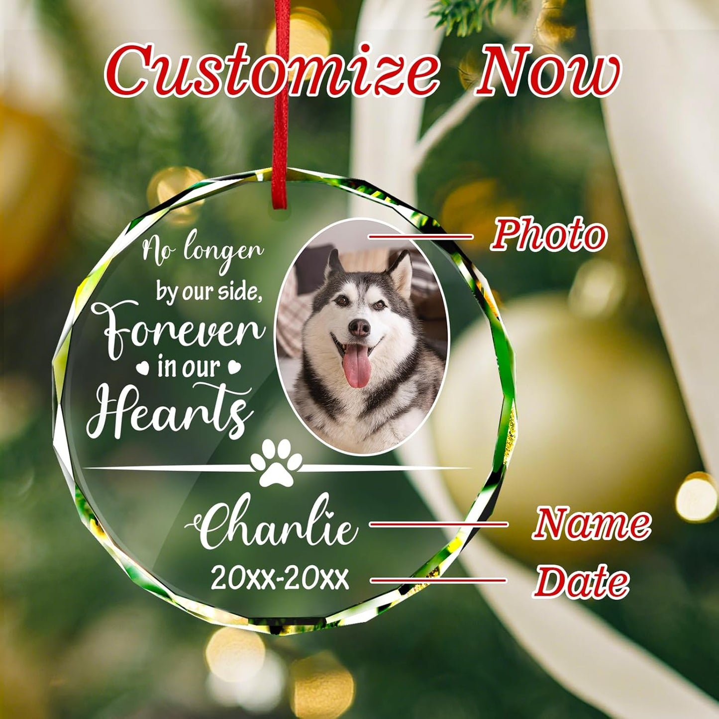 Personalized Memorial Pet Glass Ornament - Custom Picture Christmas Ornaments, Dog Forever in Our Hearts Hanging Ornament Xmas Tree Decor for Dog Lovers