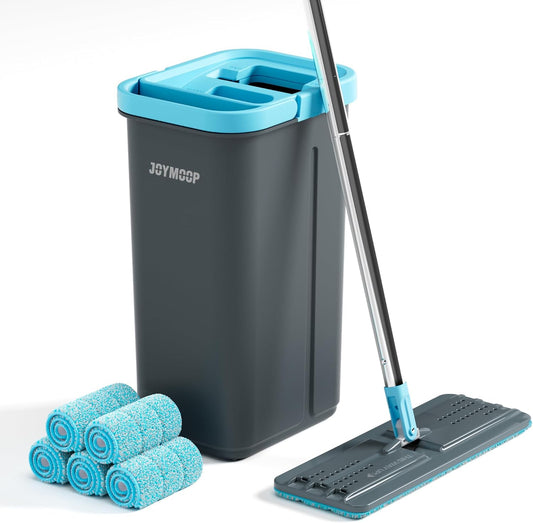JOYMOOP Mop and Bucket Set with Wringer, with 5 Reusable Microfiber Mop Pads, Mops for Floor Cleaning and Wall Cleaning, Hands-Free Flat Mop for Home Use - Grey+Cyan Blue