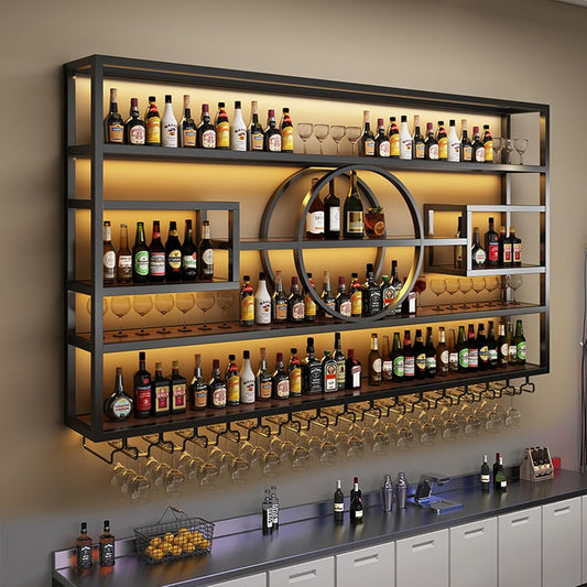 47.2in Wall Mounted Wine Rack, Modern Metal Wine Bottle and Glass Holder, Iron Display Stand Decorative Wine Rack, for Bar Living Room Dining Room Background (Black, 47.2 * 8 * 51INCHES)