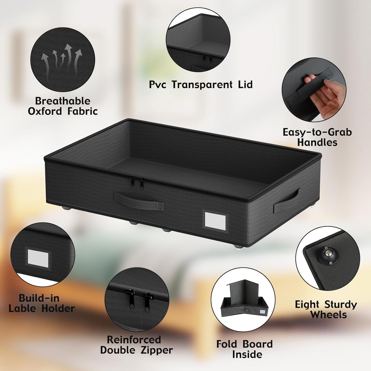 Underbed Storage With Wheels, No Assembly Required - 5.5 Inch Height Black Underbed Bins, Low Profile Rolling Shoe Storage Containers for Dorm