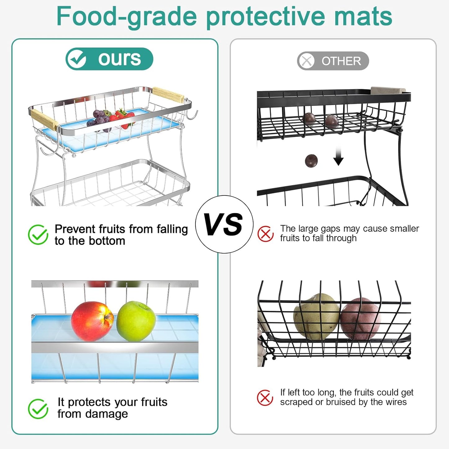 3 Tier Fruit Basket for Kitchen Counter with 2 Mobile Banana Hangers, 2025 Pro Detachable Metal Fruit Bowl with Wooden Handle, Fruit Holder for Bread Snack Veggies, Silvery