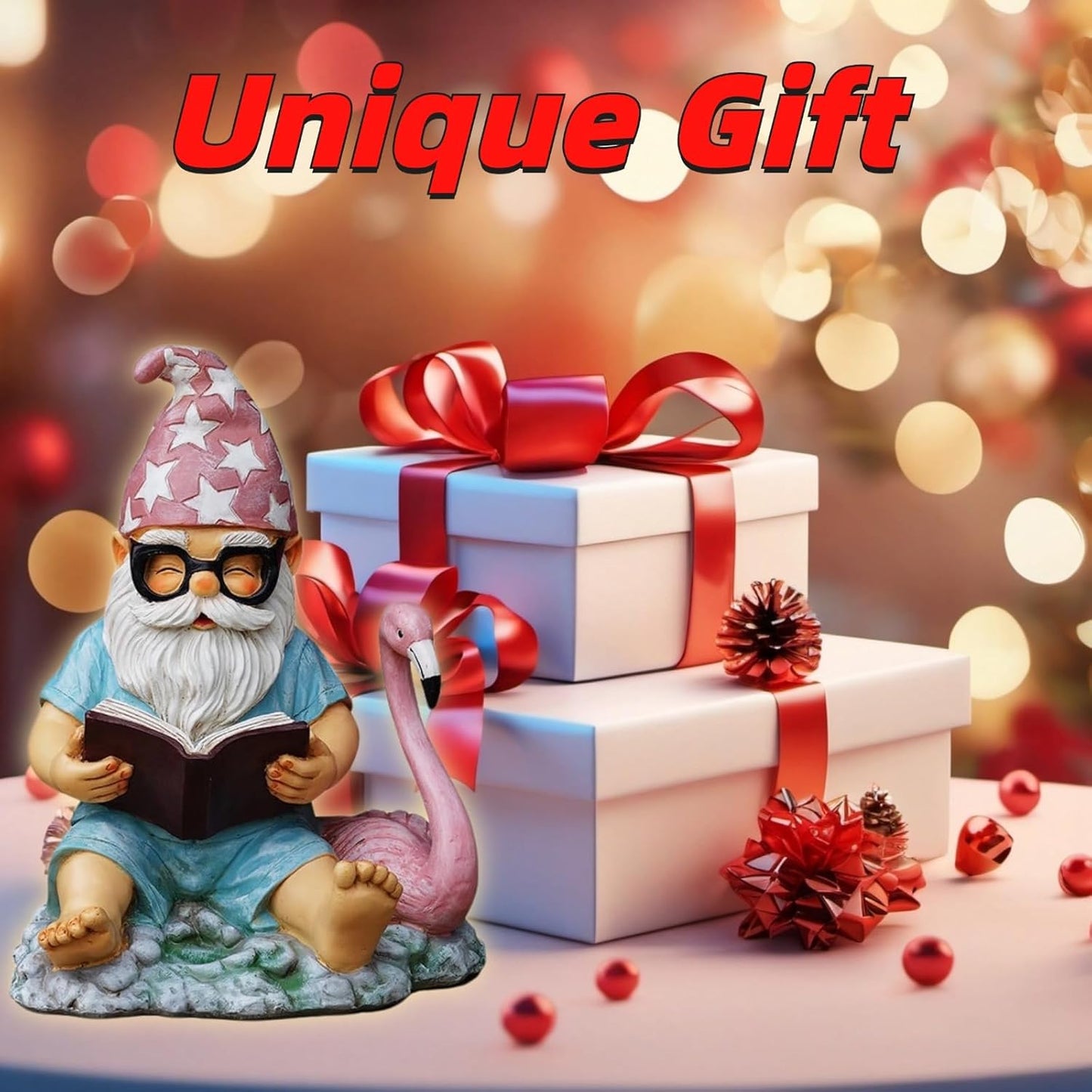 Gnome Statue Garden Decor, Resin Gnome and Flamingo Figurines Outdoor Decorations for Yard Art Porch Lawn Ornaments, Unique Housewarming Gifts