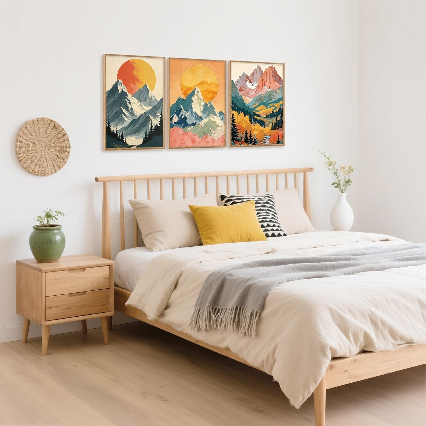 HPNIUB Mountains Forests Framed Canvas Wall Art Set, Abstract Woodland Painting, Boho Scenery Sun Wall Decor, Pretty Grassland River Artwork for Living Room, Bedroom, Dining Room, Office - 16"x24"x3