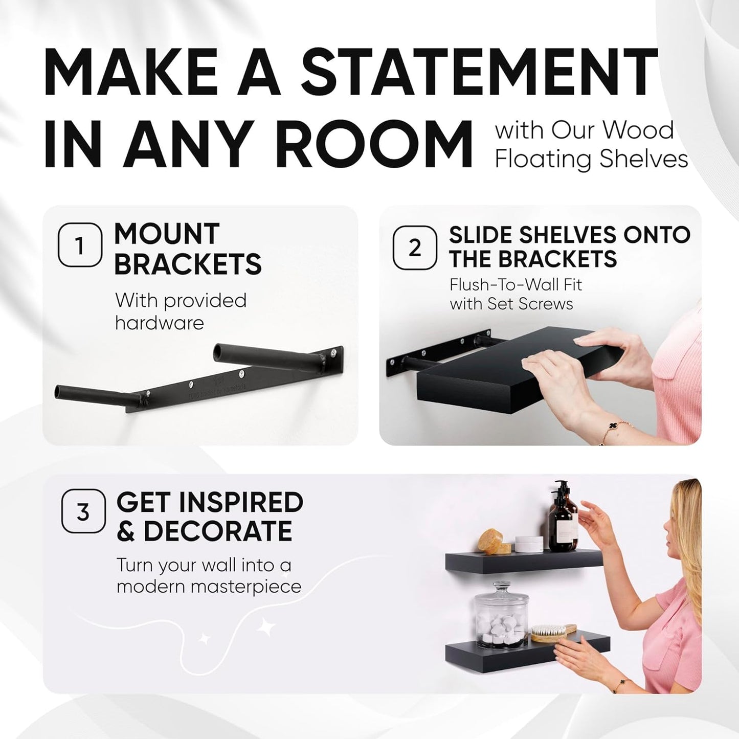 Homeforia Black Floating Shelf 18 inch, High End Solid Real Wood 18inch Bathroom Floating Shelves for Wall Mounted, Black Wooden 18in Floating Shelves, Heavy Duty Bracket, 18 X 6.5 X 1.75 in, Set of 4