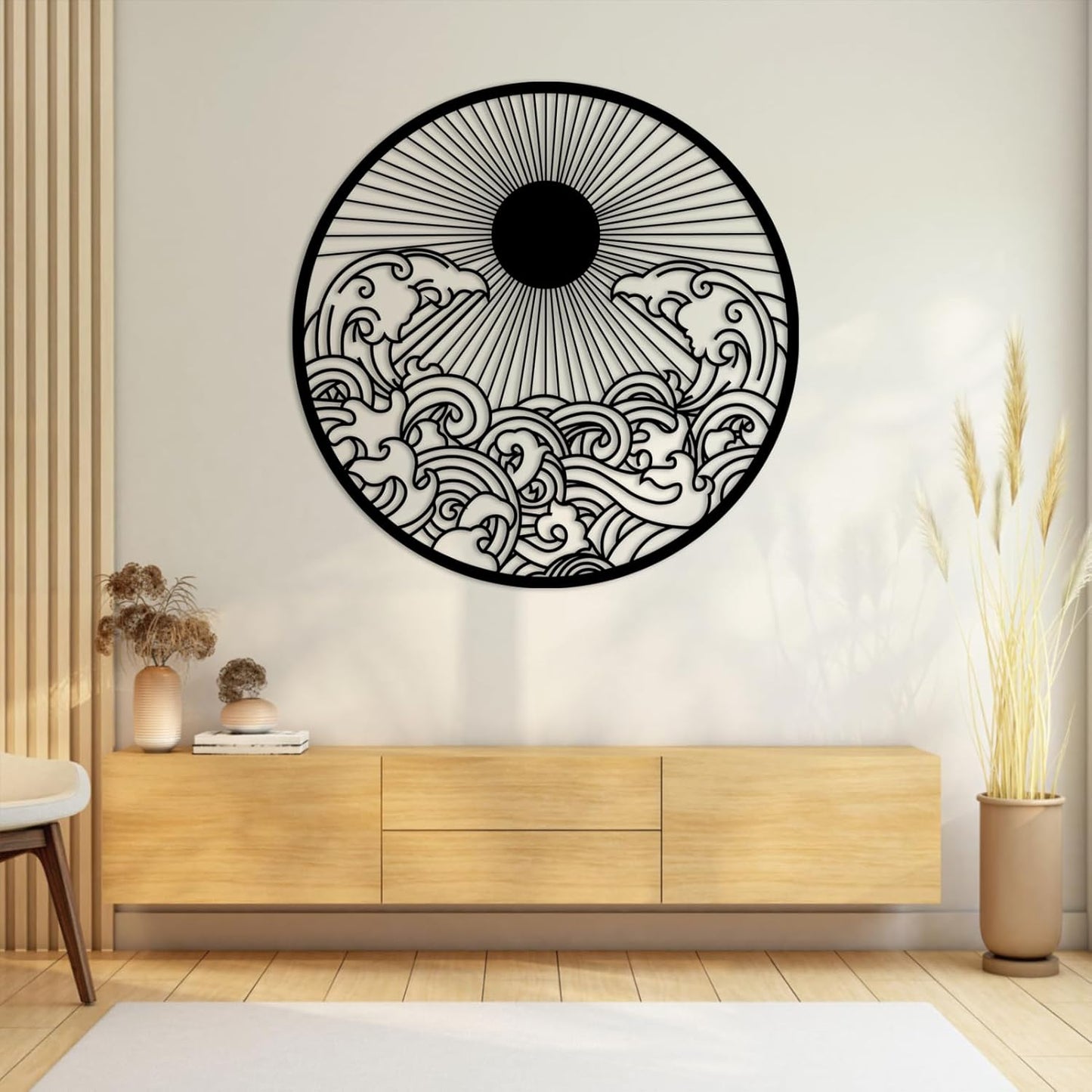 flyoak Metal Sun Wall Decor Outdoor, Sunrise Metal Wall Art, Metal Wave Wall Art, Sunrise and Wave Wall Decor, Sunburst Wall Art, Sunset Wall Art, Wall Hangings for Bedroom (Silver, 35x35in|90x90cm)