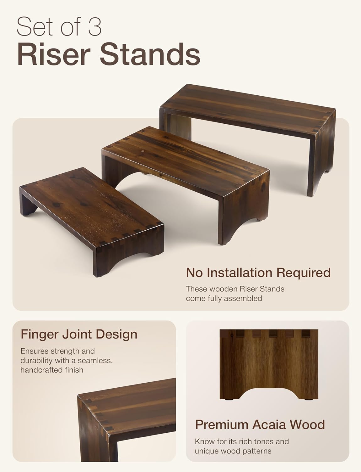 Acacia Wooden 3 Tier Cupcake Stand - Risers for Display for Food Buffet Risers and Stands – Food Stands for Display Party – Acacia Wooden Cupcake Stand - Set of 3 Size (Walnut Color)