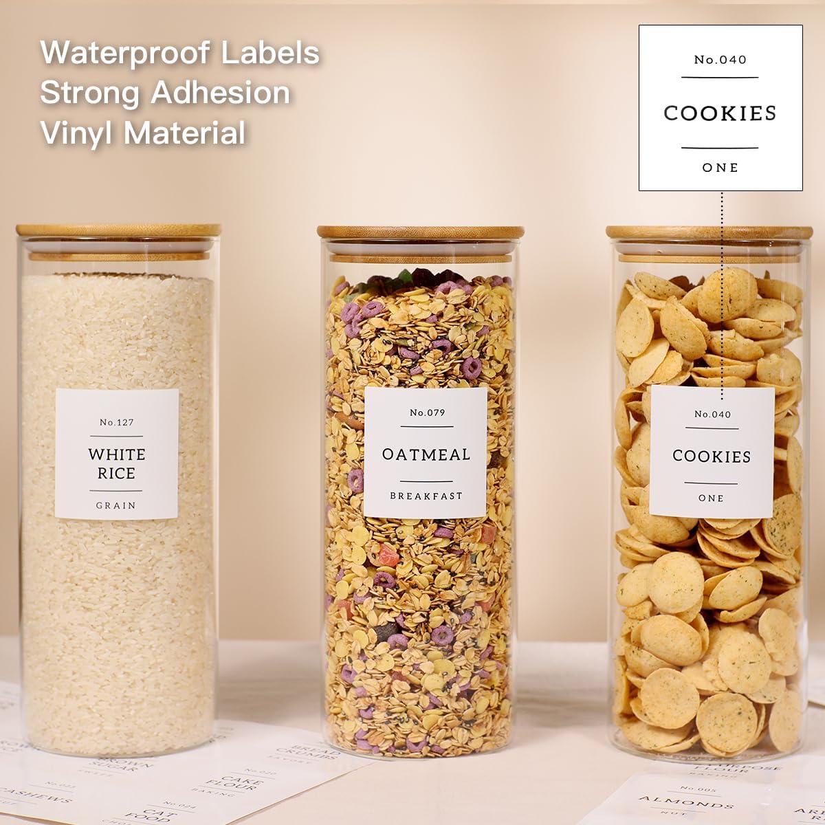 3 Pack Glass Jar with Airtight Bamboo Lid and White 132 Kichen Pantry Labels Preprinted - 56 Oz Clear Tall Glass Food Storage Containers set For Pasta Flour Cookie Rice