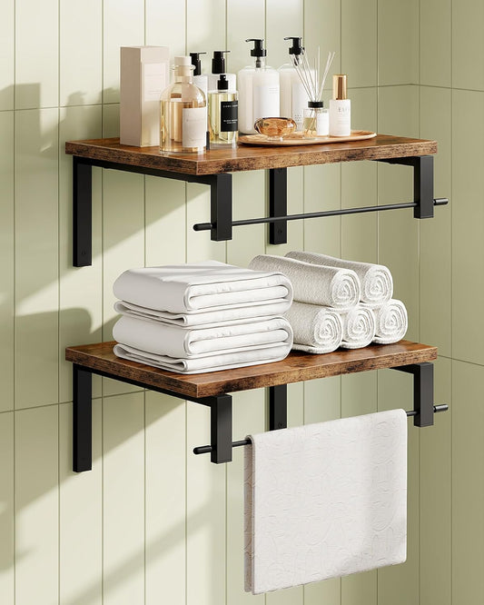 Deep Floating Shelves for Wall, 12 inch Wall Mounted Shelves Set of 2, Wide Floating Shelves for Living Room, Bedroom, Study, Bathroom, Rustic Brown and Black TBJ02P2BF