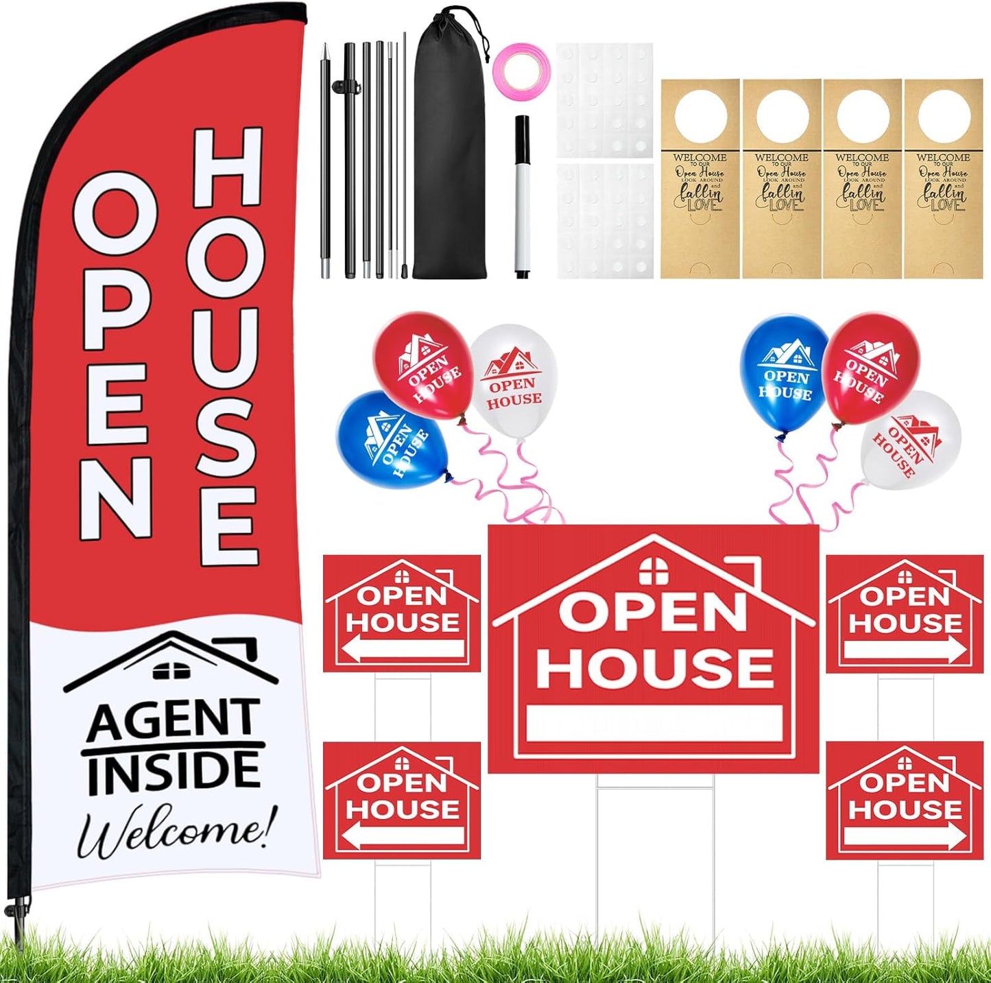 44 Pcs Open House Signs for Real Estate Agent Supplies, Double Sided Open House Flag with Poles Kit, 7.6 x 5.4 Ft Red Opening Sign Banner Set, 5 Pack Yard Signs with Metal Stakes 30 Balloons
