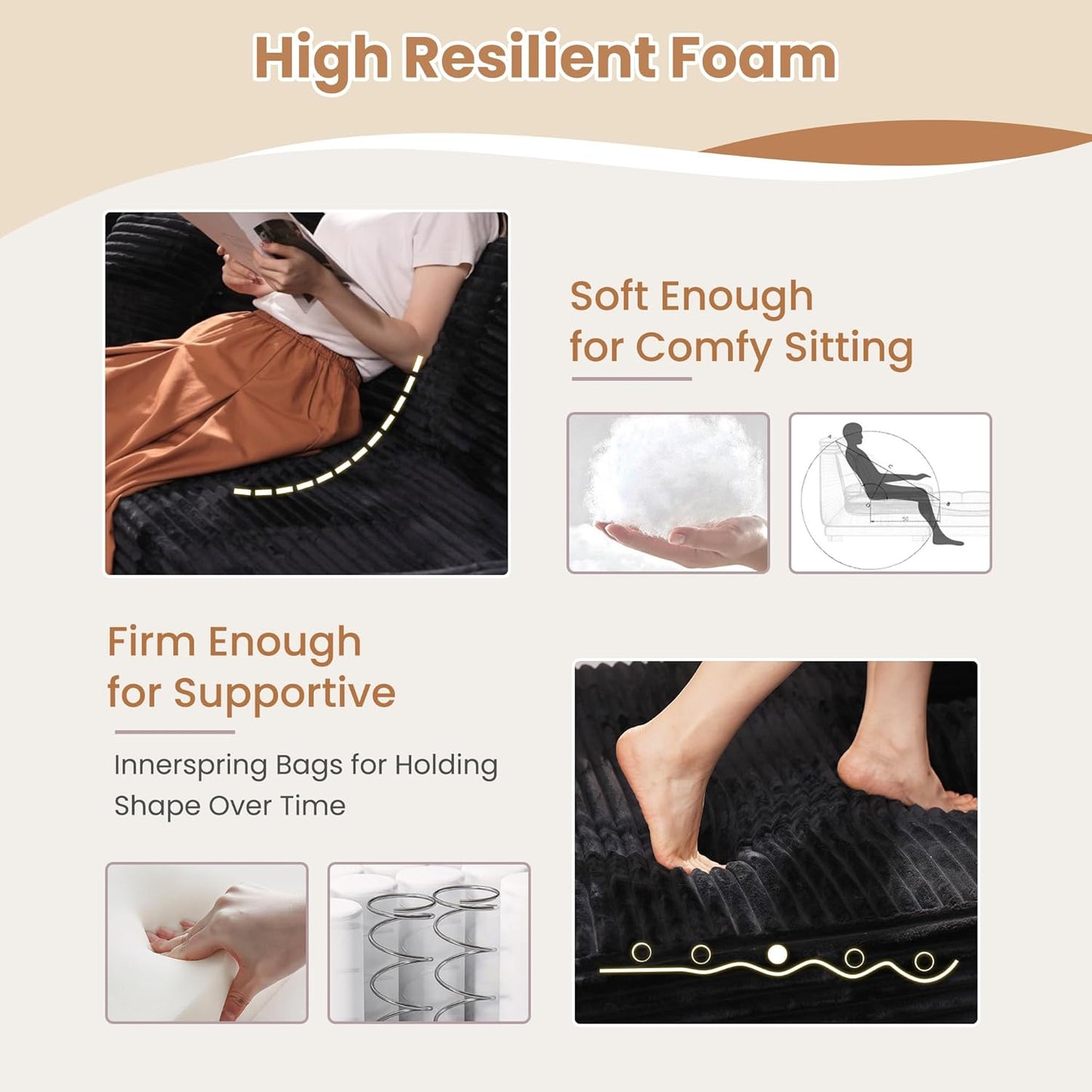 HOOOWOOO Cloud Sectional Couches for Living Room,Modular Sectional Sofa No Assembly,136X70 Inch Plush Corduroy Large U Shape Floor Couch Set with Deep Seat(Black)