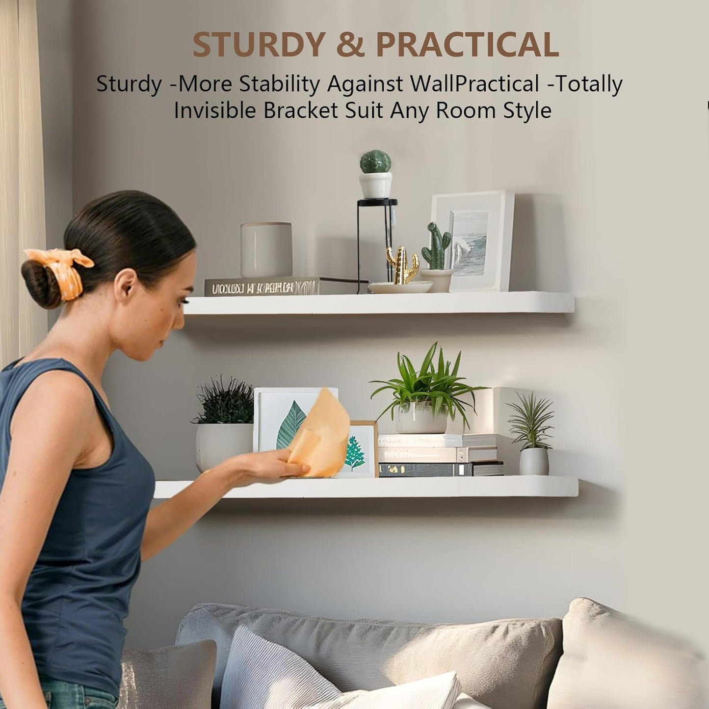 Solid Wood Floating Shelves Set of 2 - Natural, Warp & Crack Resistant 17.72 Inch Wall Shelf with Invisible Brackets Thicker, More Durable for Bathroom, Bedroom, Kitchen, Living Room (White, 17.72)