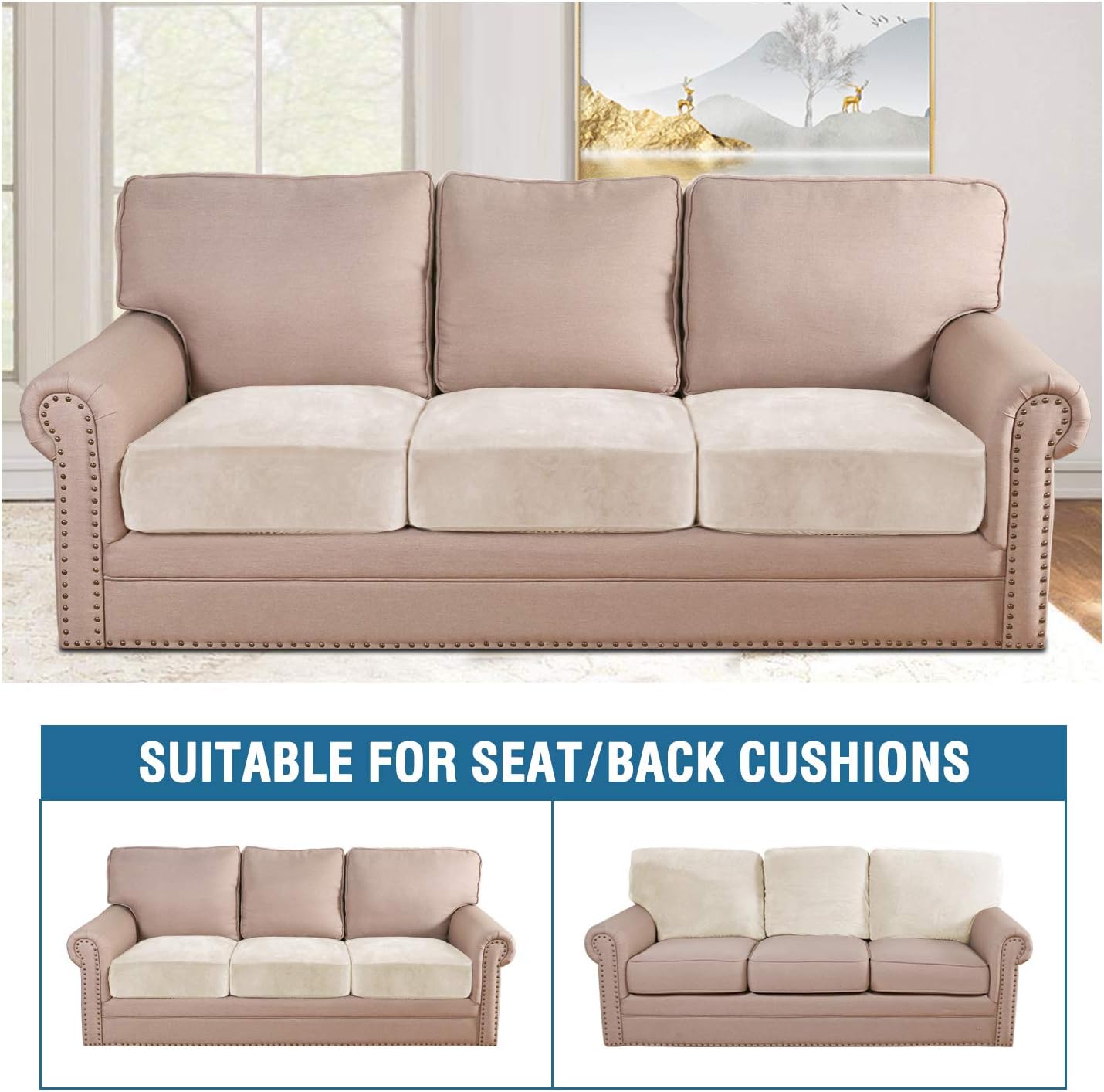 H.VERSAILTEX Velvet Stretch Couch Cushion Cover Plush Cushion Slipcover for Chair Loveseat Sofa Cushion Furniture Protector Seat Cushion Sofa Cover (3 Piece XL Sofa Cushion Covers, Ivory)