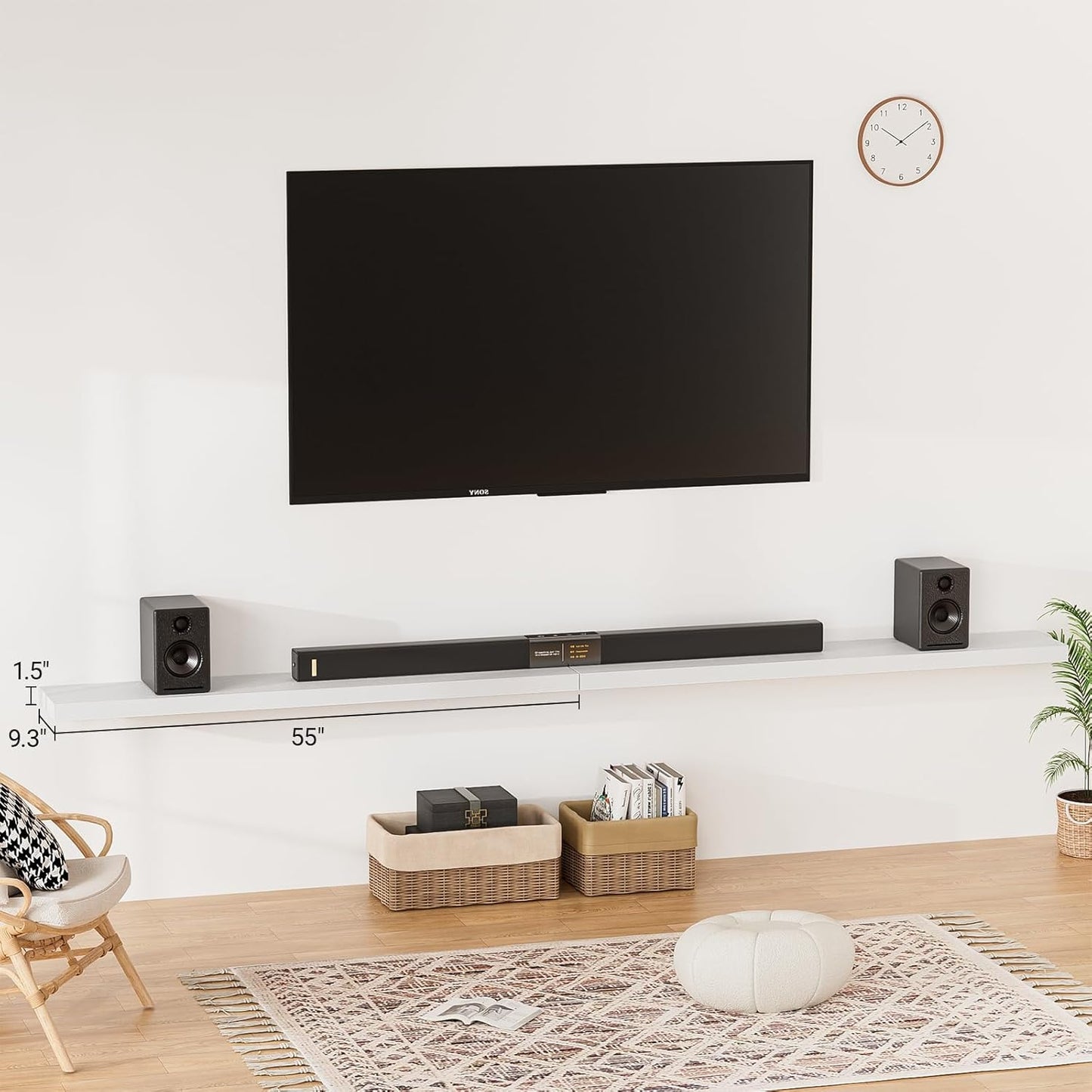 Heimlove 55 Inch Long Floating Shelves for Wall,9.3" Deep White Floating Shelves Set of 2,Large Display Shelf & Storage Shelf,Wall Mounted Shelves for Bedroom Living Room Kitchen Office