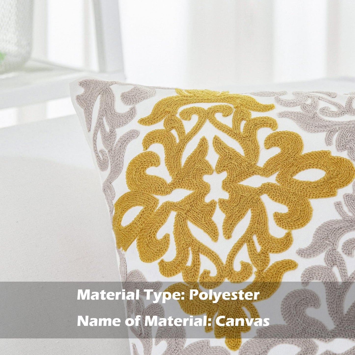 HWY 50 Mustard Yellow Decorative Throw Pillow Covers 18x18 Inch (1 Piece), Embroidered Cotton Farmhouse Cushion Cover Pillow Case for Sofa Couch Living Room Bed Bedroon, Floral Geometric