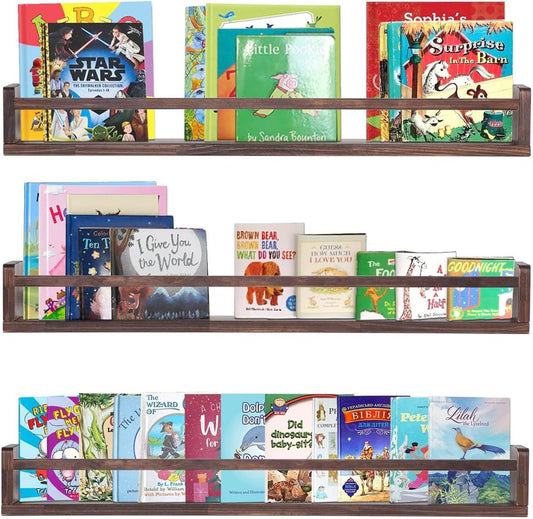 AZSKY Nursery Book Shelves Deep Walnut Wall Mount Floating Book Shelf for Bedroom Wooden Wall Book Shelf Children Kids Toddler Wall Bookshelf 36 Inch a Set of 3 Same Sizes