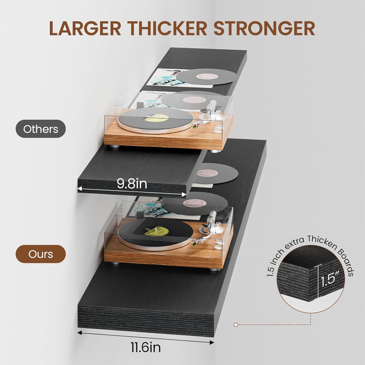 Heimlove 48W x 12D Long Floating Shelf, 12 Inch Deep Black Floating Shelves for Wall Set of 2, Wood Shelves for Bedroom Living Room Bathroom Kitchen Home Office, Wall Shelves with Heavy Duty Bracket