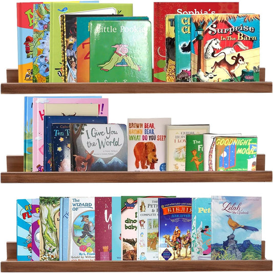 AZSKY Floating Photo Shelves Fair Light Walnut 24 Inch Picture Ledge for Storage Wall Book Shelves Hanging Picture Photo Frame Ledge Shelves with Lip a Set of 3 Same Sizes Kitchen Spice Rack