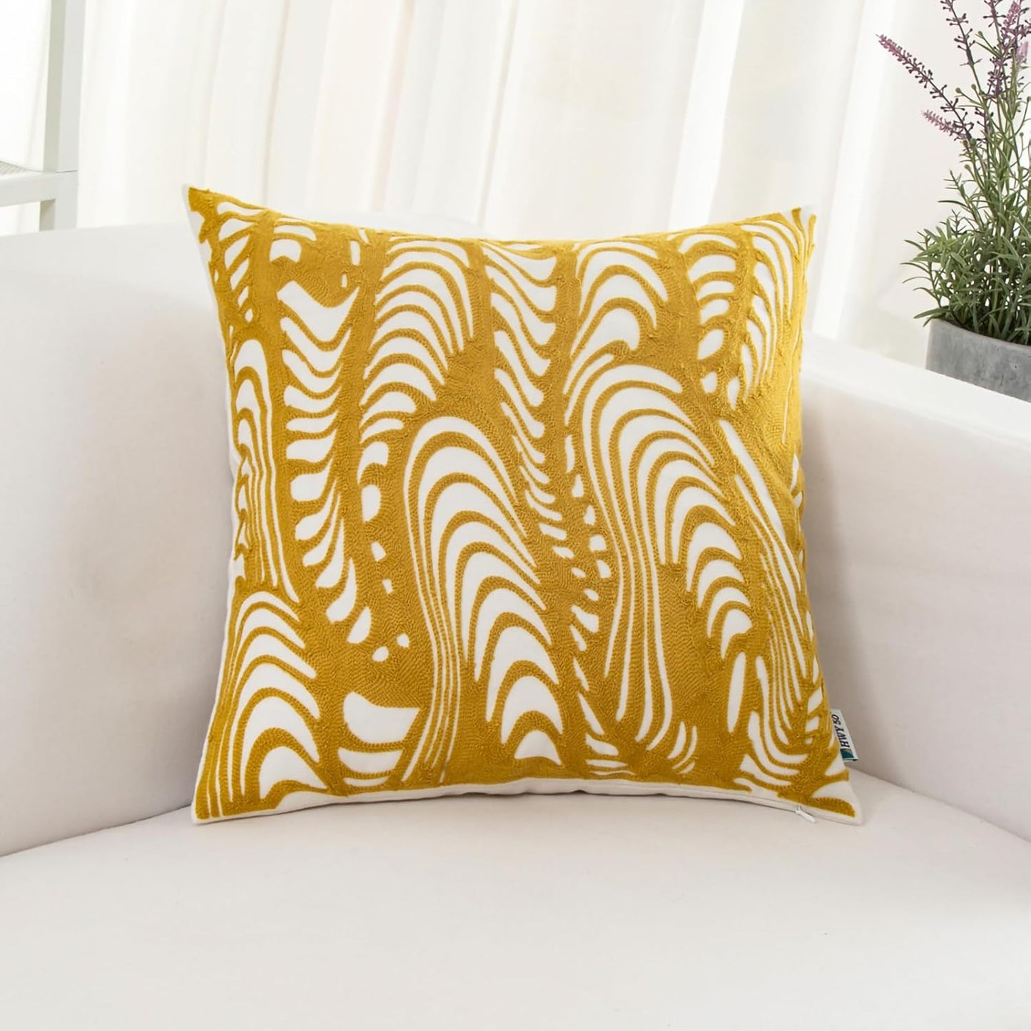 HWY 50 Yellow Decorative Throw Pillow Covers 18x18 Inch (1 Piece), Embroidered Cotton Farmhouse Cushion Cover Pillow Case for Sofa Couch Living Room Bed, Texture