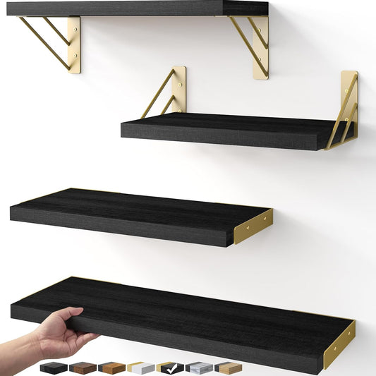 BAYKA Floating Shelves for Bedroom Decor, Wall Shelves for Storage, Wall Mounted Rustic Wood Floating Shelf for Books,Corner Shelf for Bathroom,Kitchen,Living Room(Black and Gold，Set of 4)
