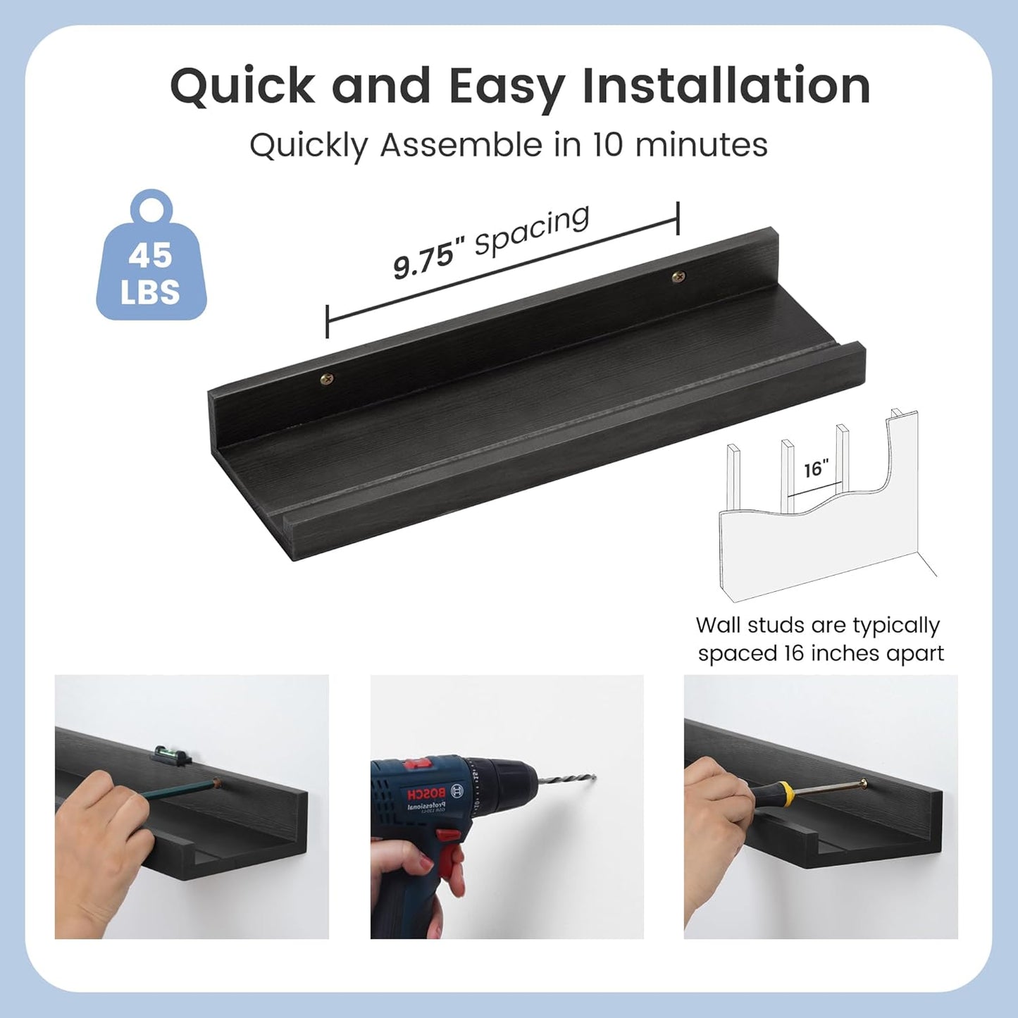 Picture Ledge Shelf for Wall, 16 inch Solid Pine Wood Nursery Book Shelves 2 Packs, Floating Ledge Shelves for Kids' Room Bedroom Bathroom Living Room Photo Frames Office Nursey Wall Decor, Black