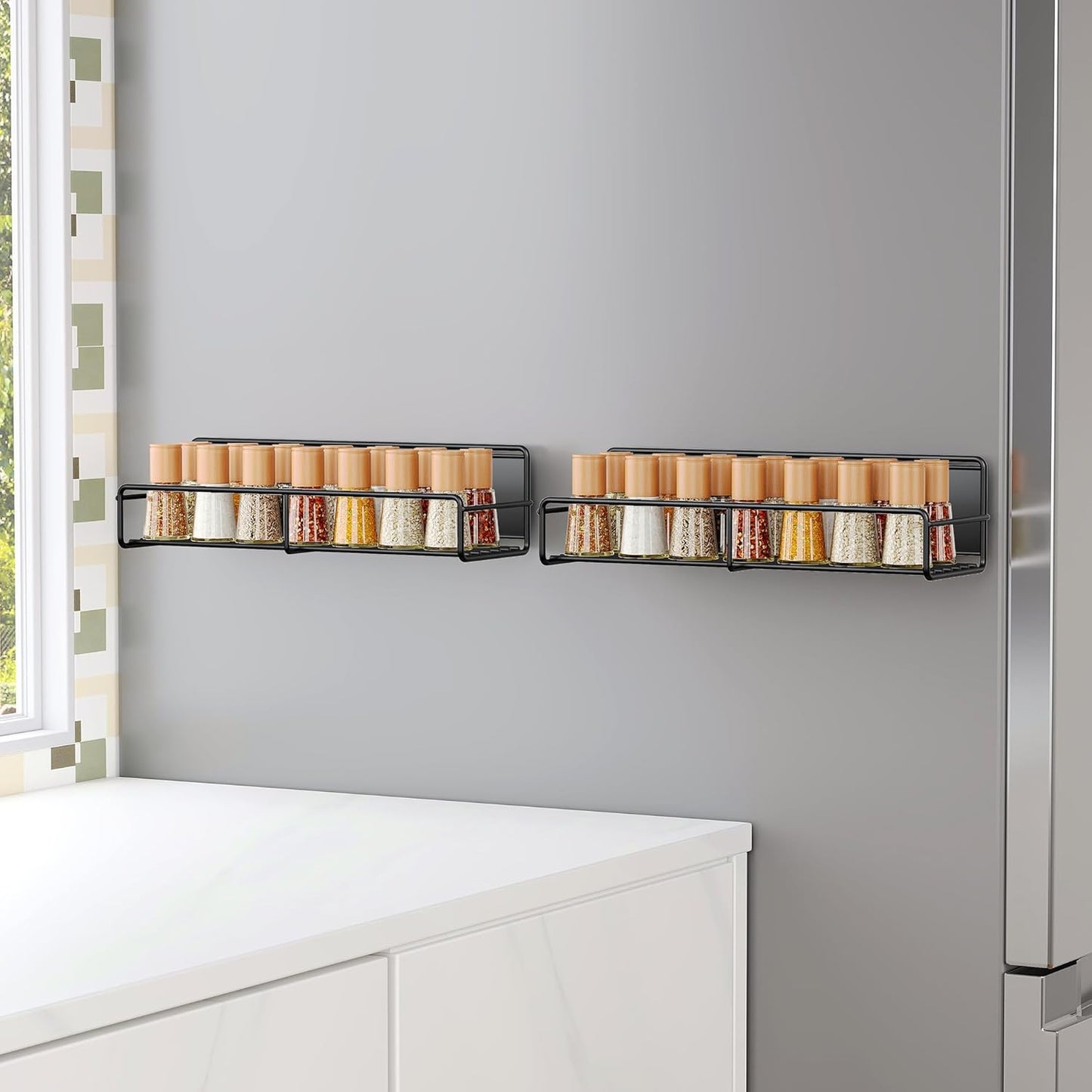 2 Pack Magnetic Spice Rack Organizer, Space Saver for Refrigerator and Microwave Oven, Magnetical Fridge Shelf for Jars, Seaoning, tins and Utensils Black