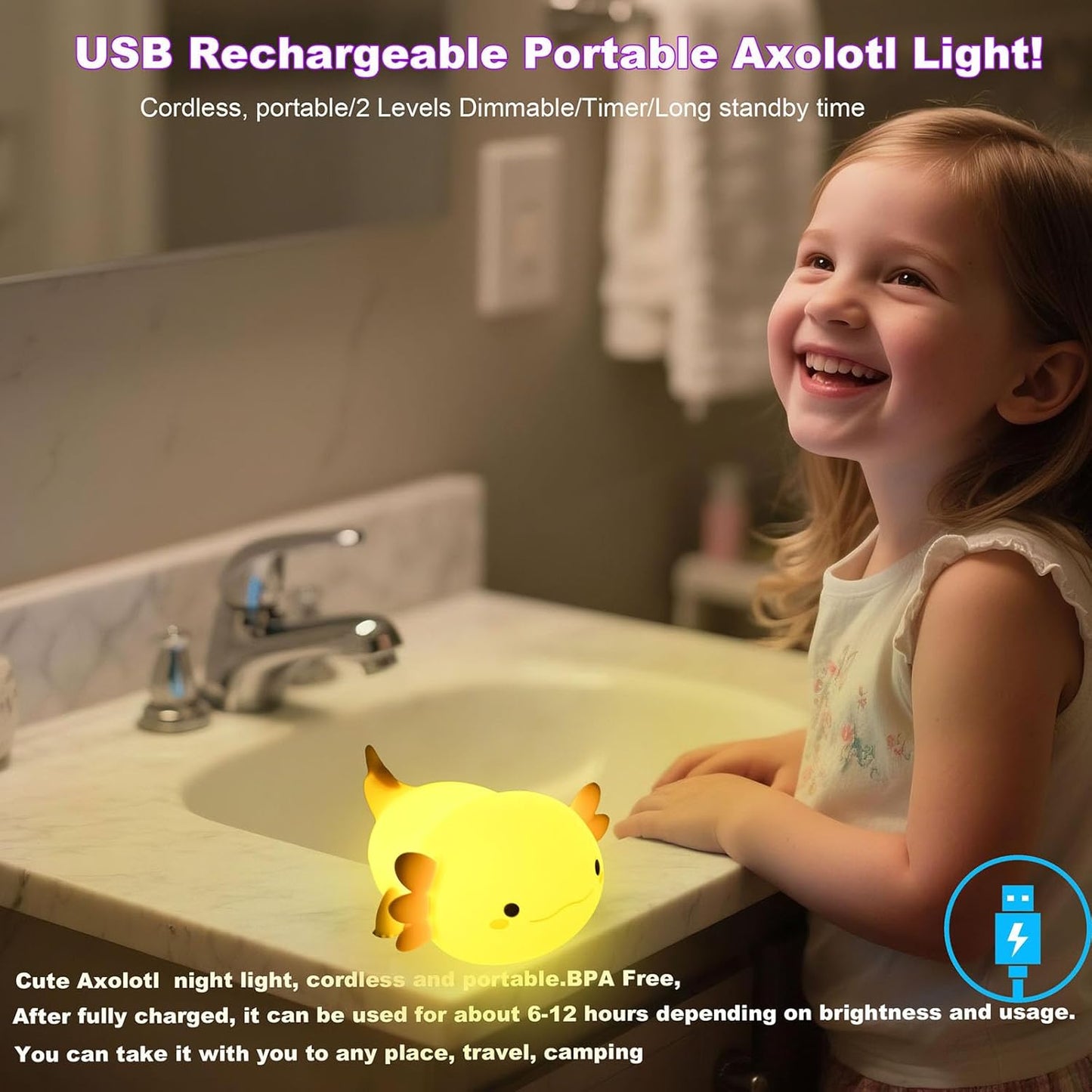 HAPPYBAG Axolotl Night Light,Cute Axolotl lamp Gifts for Kids,Dimmable Silicone Animal Nursery Night Light,Kawaii Rechargeable Bedside Touch Lamp,Baby Room Decor Axolotl Light