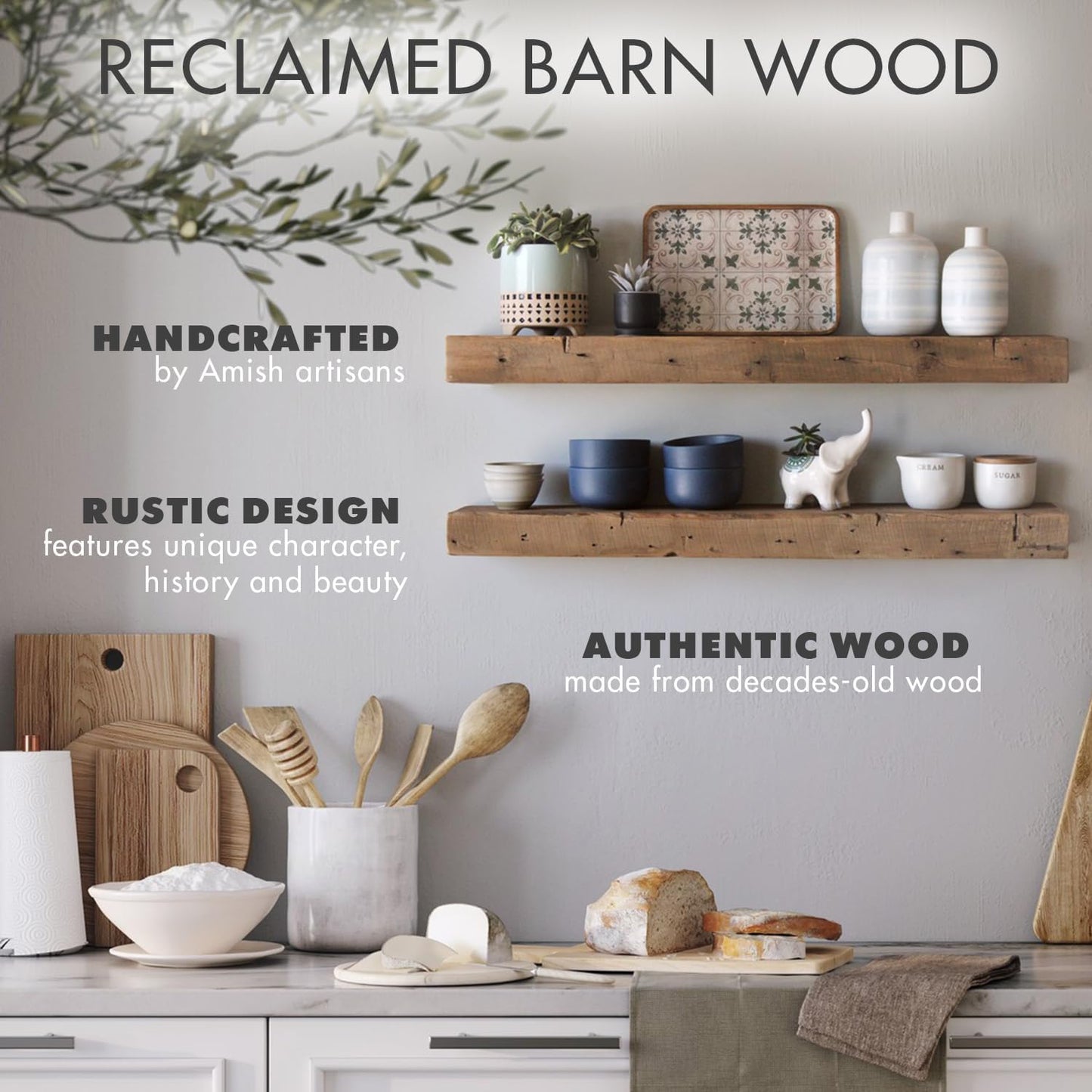 Urban Legacy Reclaimed Barnwood Planks | Floating Shelves for Wall w/Flush Mount Shelf Bracket Set Included | Set of 2 (Natural, 36" x 7" x 2")