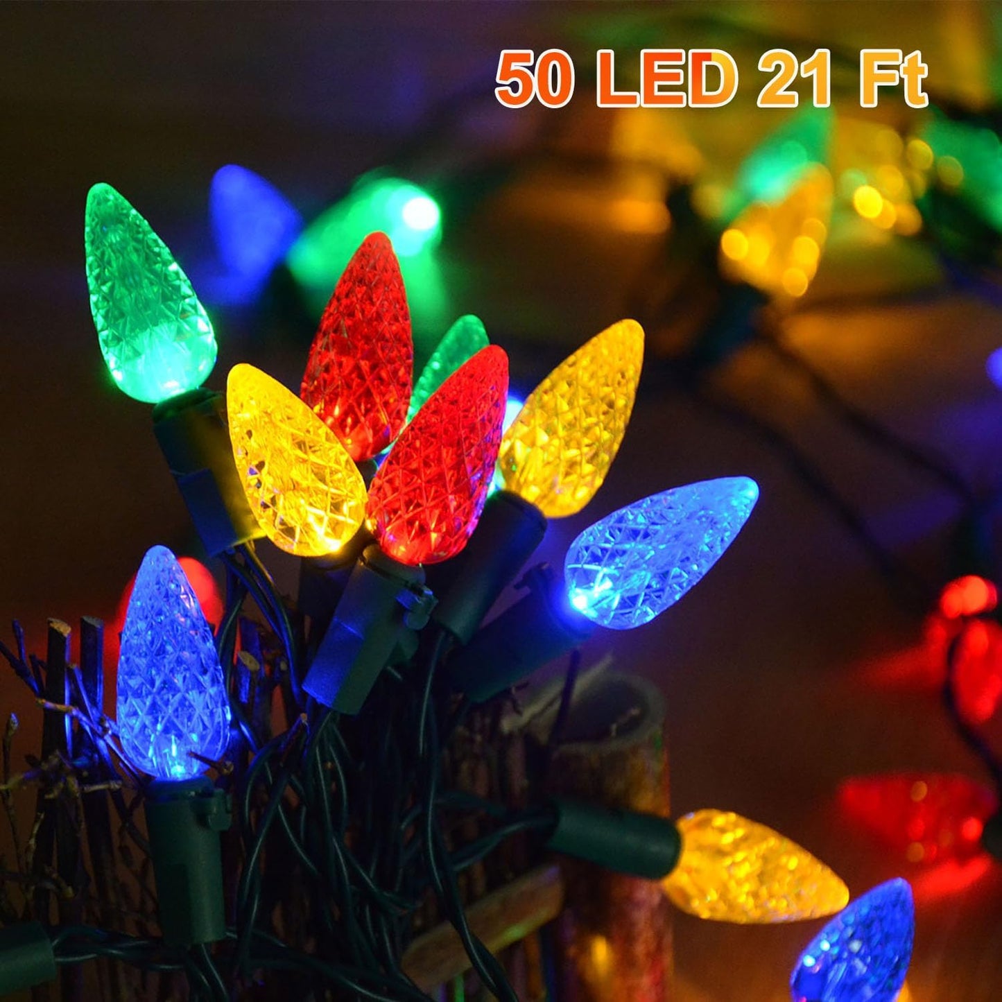 HUGSVIK C6 Solar Christmas Lights Outdoor Waterproof, 21Ft 50LED Strawberry Colored, 8 Modes Solar Powered for Tree Wreath Garland Garden Patio