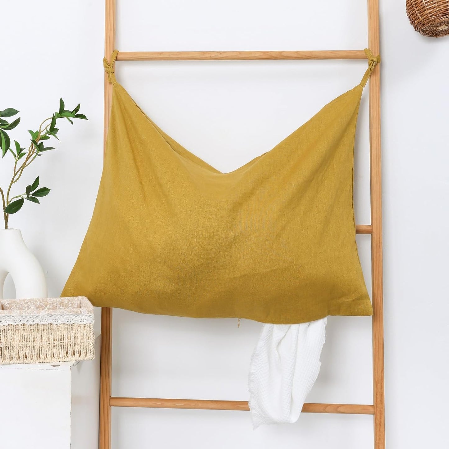 Hanging Linen Laundry Bag, 100% Pure Flax Linen Over The Door Hamper with Bottom Zipper for Laundry Room, Household Dirty Cloth Storage Organizer Bag, Turmeric