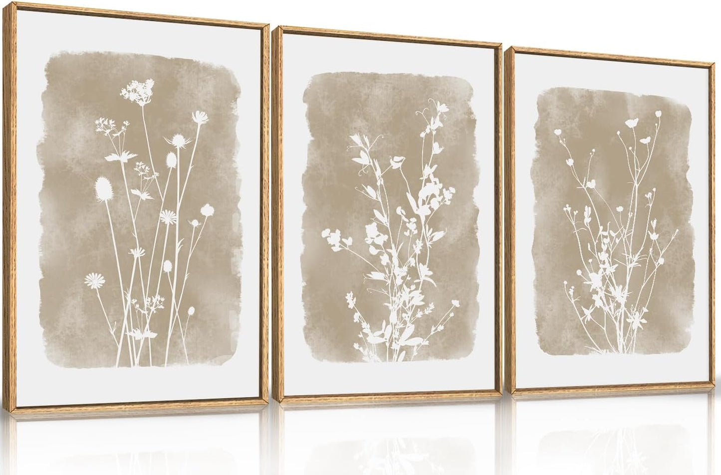 HPINUB Large Boho Wildflowers Canvas Framed Wall Art Set,Minimalist Vintage Flower Wall Decor,Beige Floral Botanical Artwork for Living Room Bedroom,Dining Room,Office -16"x24"x3