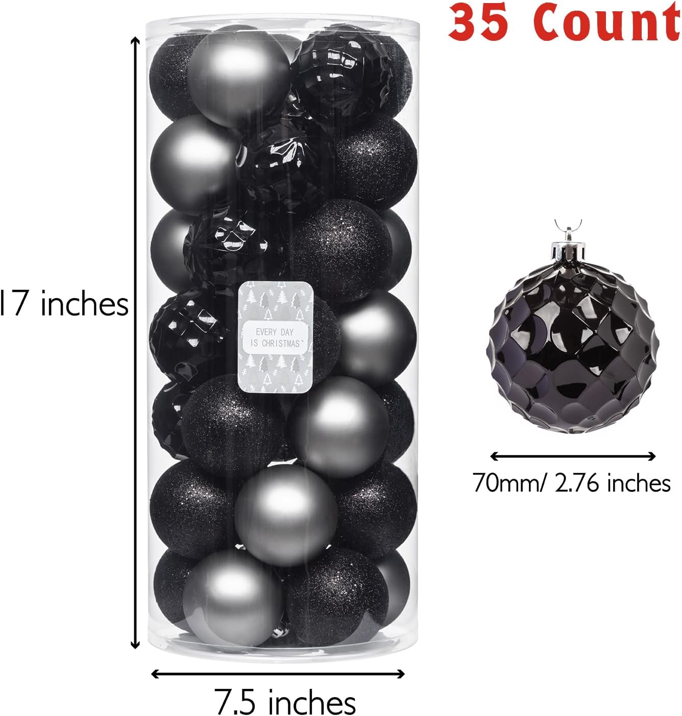 Every Day is Christmas Ornaments, Shatterproof Christmas Tree Ornament Set, Christmas Balls Decoration 35 Count (2.75"/70mm, Black Grey)