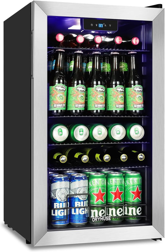 120 Can Beverage Refrigerator – Mini Fridge with Glass Door for Soda Beer or Wine, Beverage Cooler for Bedroom, Office, Bar with Adjustable Shelves & Digital Temperature Display, Silver