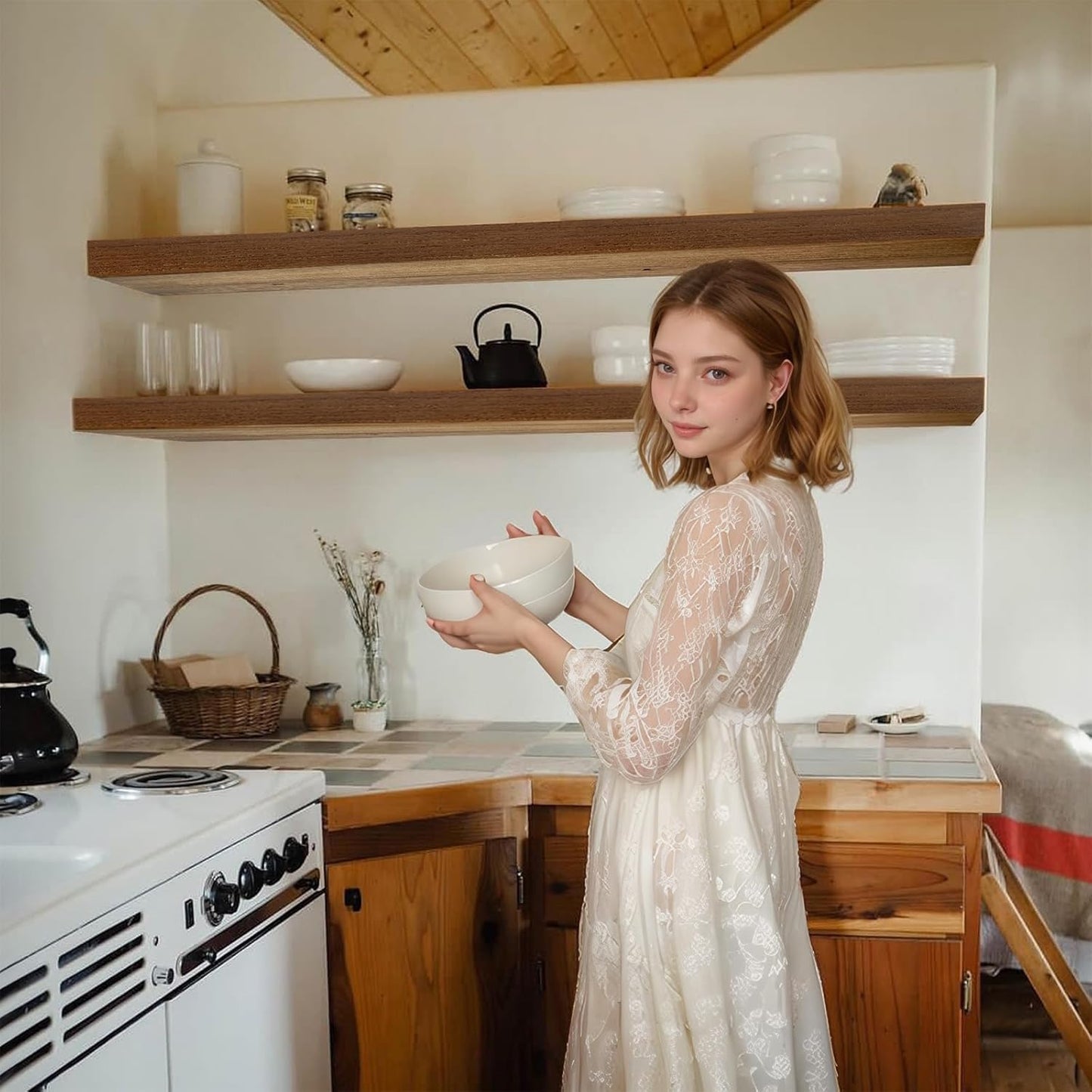 IAE Walnut Floating Wall Shelves 48 inch, Bathroom Shelves Wall Mounted,Invisible Shelves Floating Kitchen Shelves,Wooden Wall Shelves with Brackets for Living Room Wall Mounted,Easy Install,Set of 2