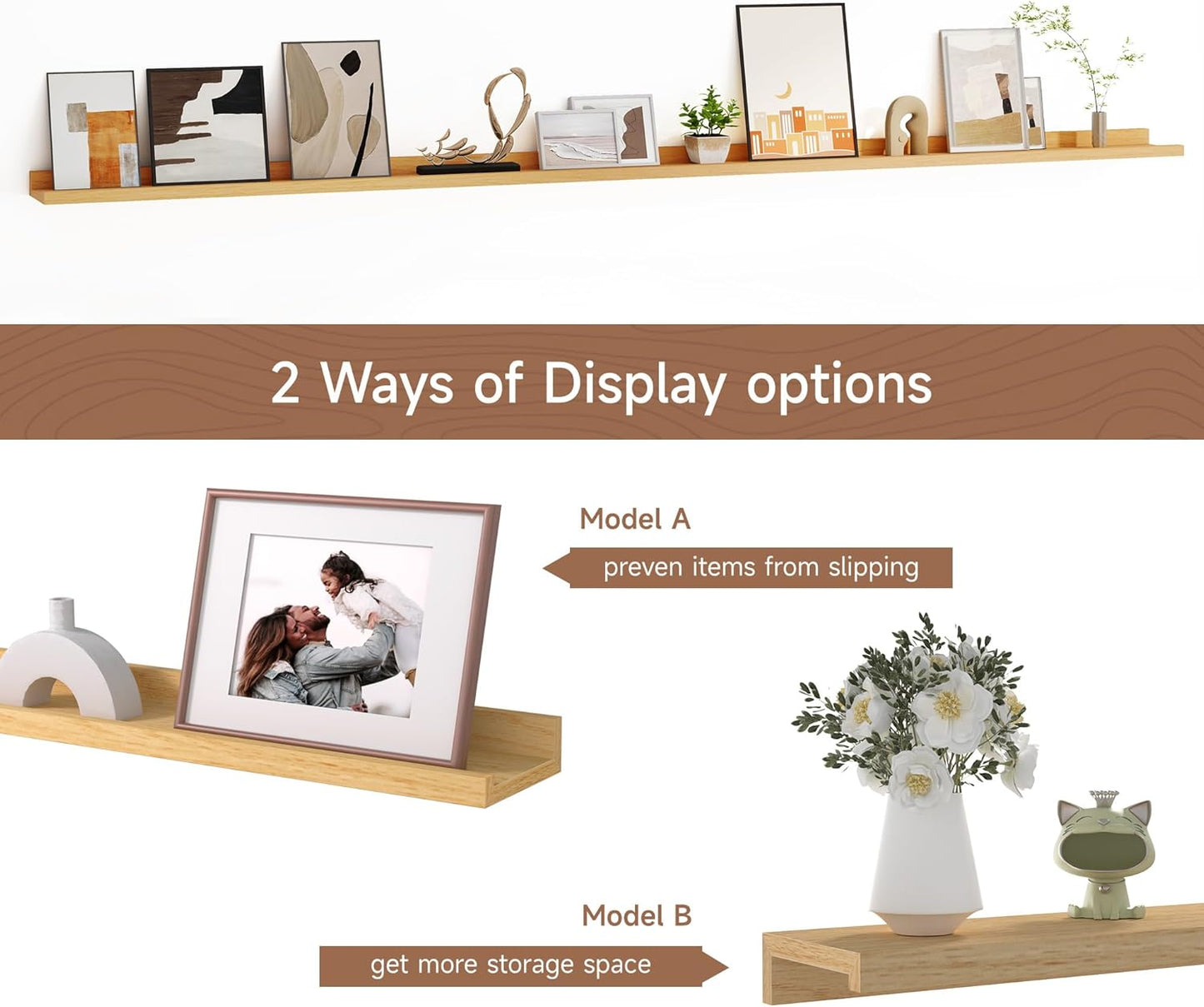 Floating Picture Ledge Shelves for Wall Set of 2, 84 Inches Picture Ledge Shelf with Long Large Nursery Book Shelf for Toys Storage Kids Bookshelf Wall Mounted Living Room Bedroom Decor Frames, Oak