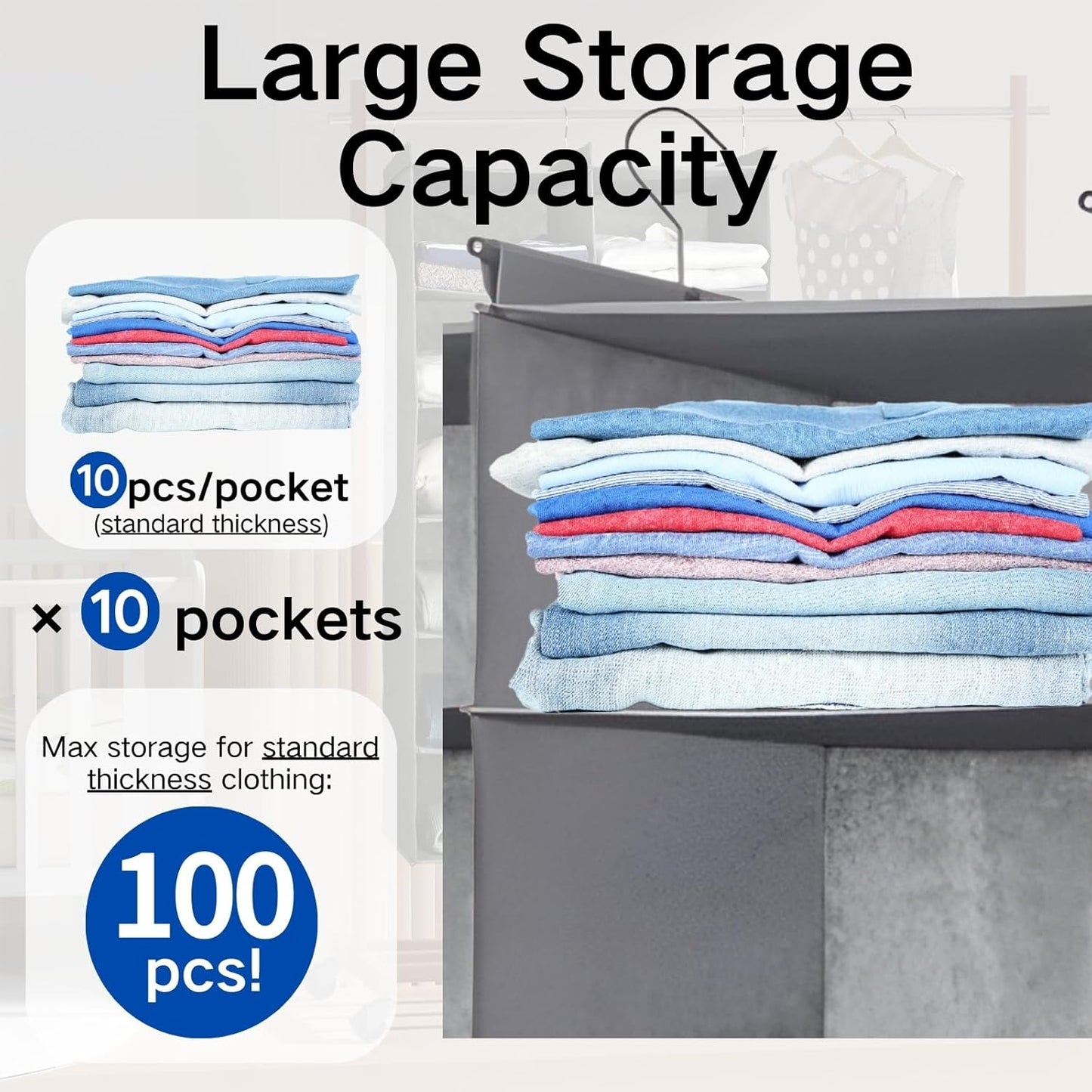 5 Tier Shelf Hanging Closet Organizer, Dual-Row 10 Pocket Cloth Hanging Shelf with 3 Sturdy Hooks for Storage, Foldable (Grey)