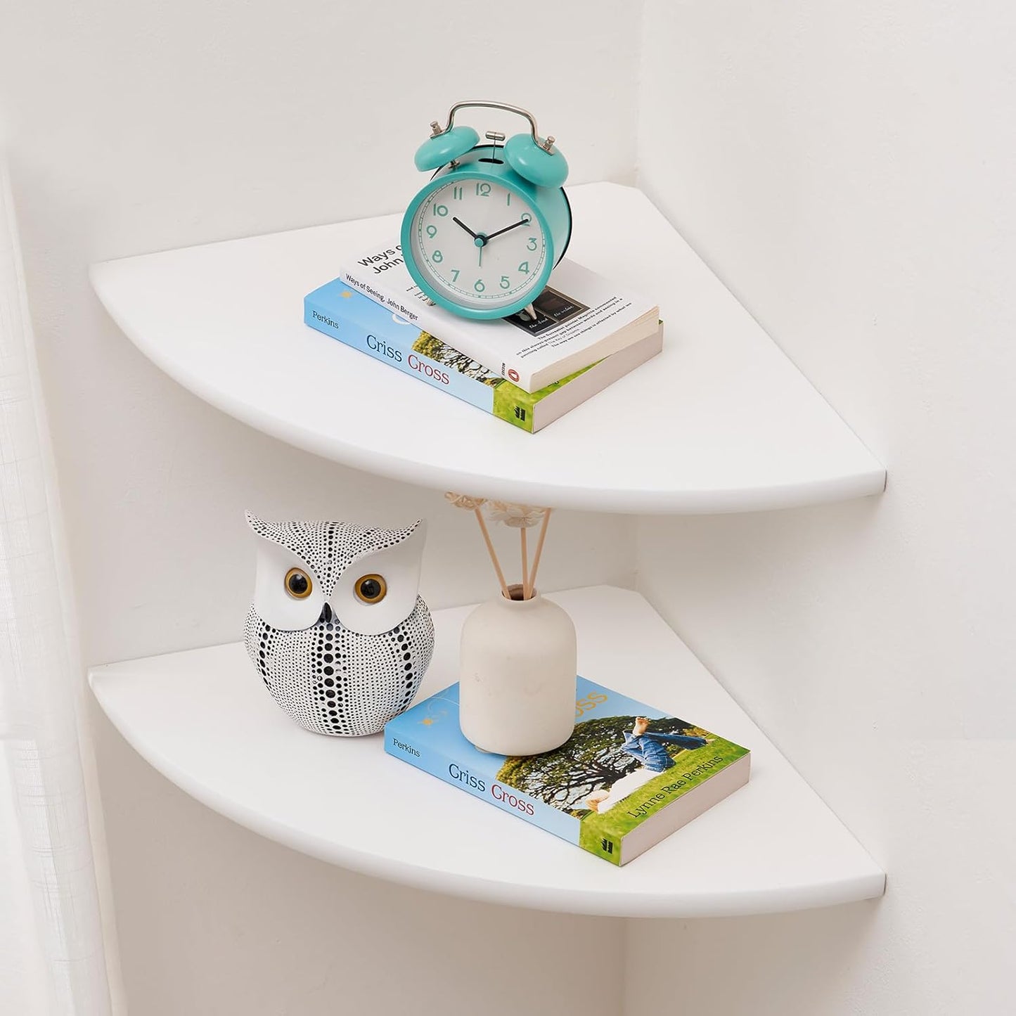 Corner Shelf, White Floating Corner Shelf, Set of 2 10inch Solid Oak Wood Wall Shelves, Round End Wall Mount with Wire Hole for Small Plant for Bedroom Kitchen, Living Room