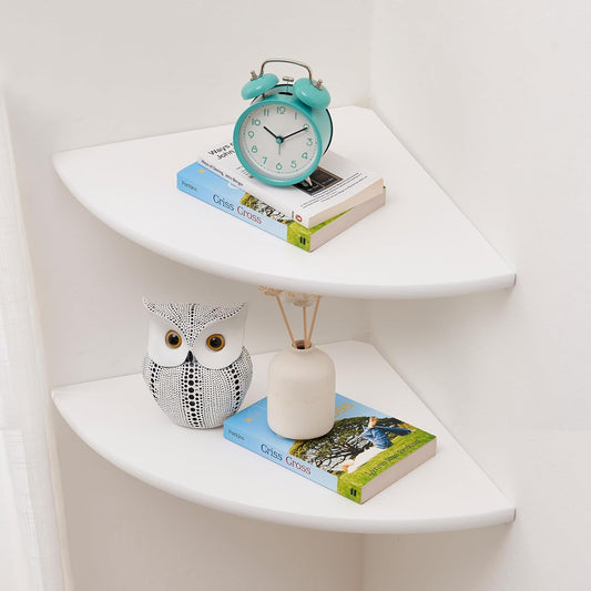 Corner Shelf, White Floating Corner Shelf, Set of 2 10inch Solid Oak Wood Wall Shelves, Round End Wall Mount with Wire Hole for Small Plant for Bedroom Kitchen, Living Room