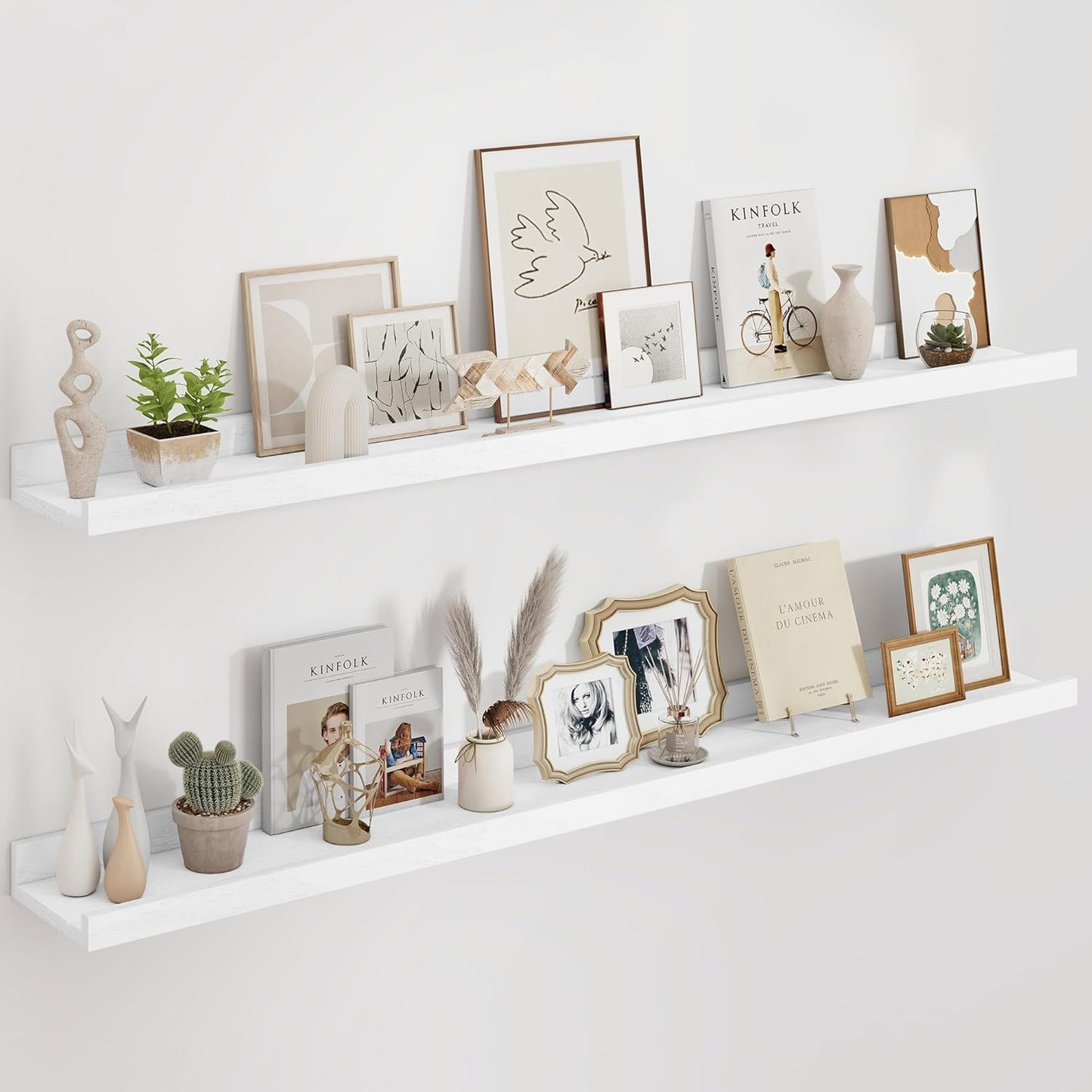 Floating Picture Ledge Shelves 55 Inch Solid Oak Wood Set of 2, Rustic Wall Storage Shelves with Lip, Kids Bookshelf, Photo & Picture Ledge Shelves for Bedroom, Living Room, Kitchen