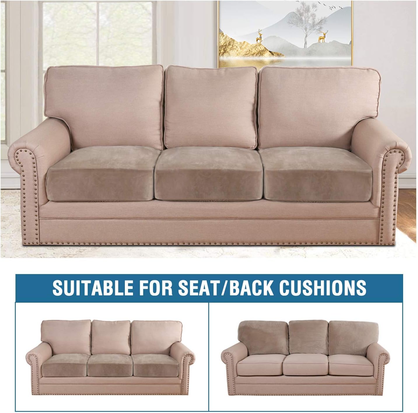H.VERSAILTEX Velvet Stretch Couch Cushion Cover Plush Cushion Slipcover for Chair Loveseat Sofa Cushion Furniture Protector Seat Cushion Sofa Cover (3 Piece XL Sofa Cushion Covers, Taupe)