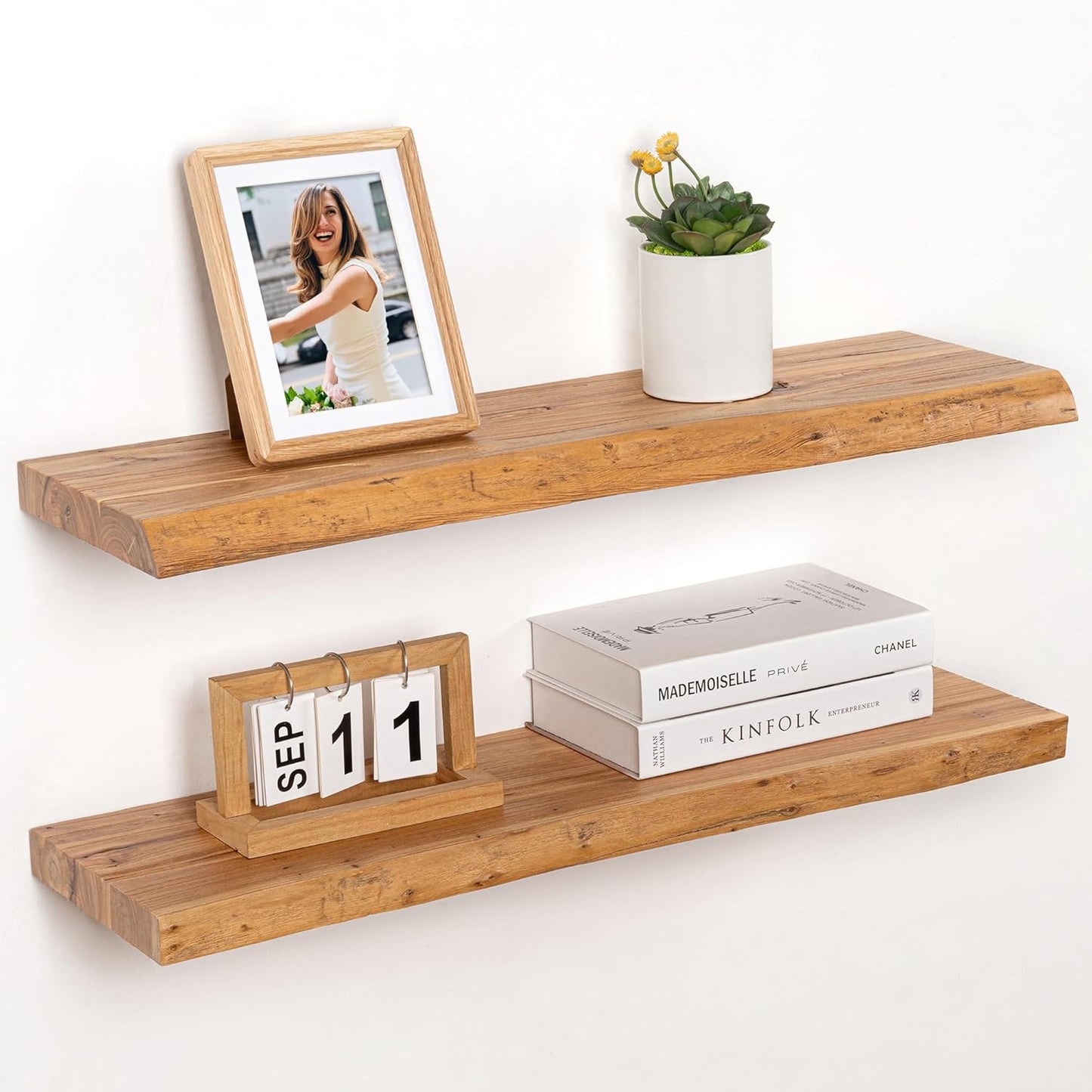 RICHFOCUS Live Edge Elm Floating Shelves - 30" W x 9.3" D Rustic Solid Wood Wall Shelves with Invisible Bracket, Wall-Mounted for Living Room, Bedroom, Kitchen Storage & Display, Set of 2, Natural