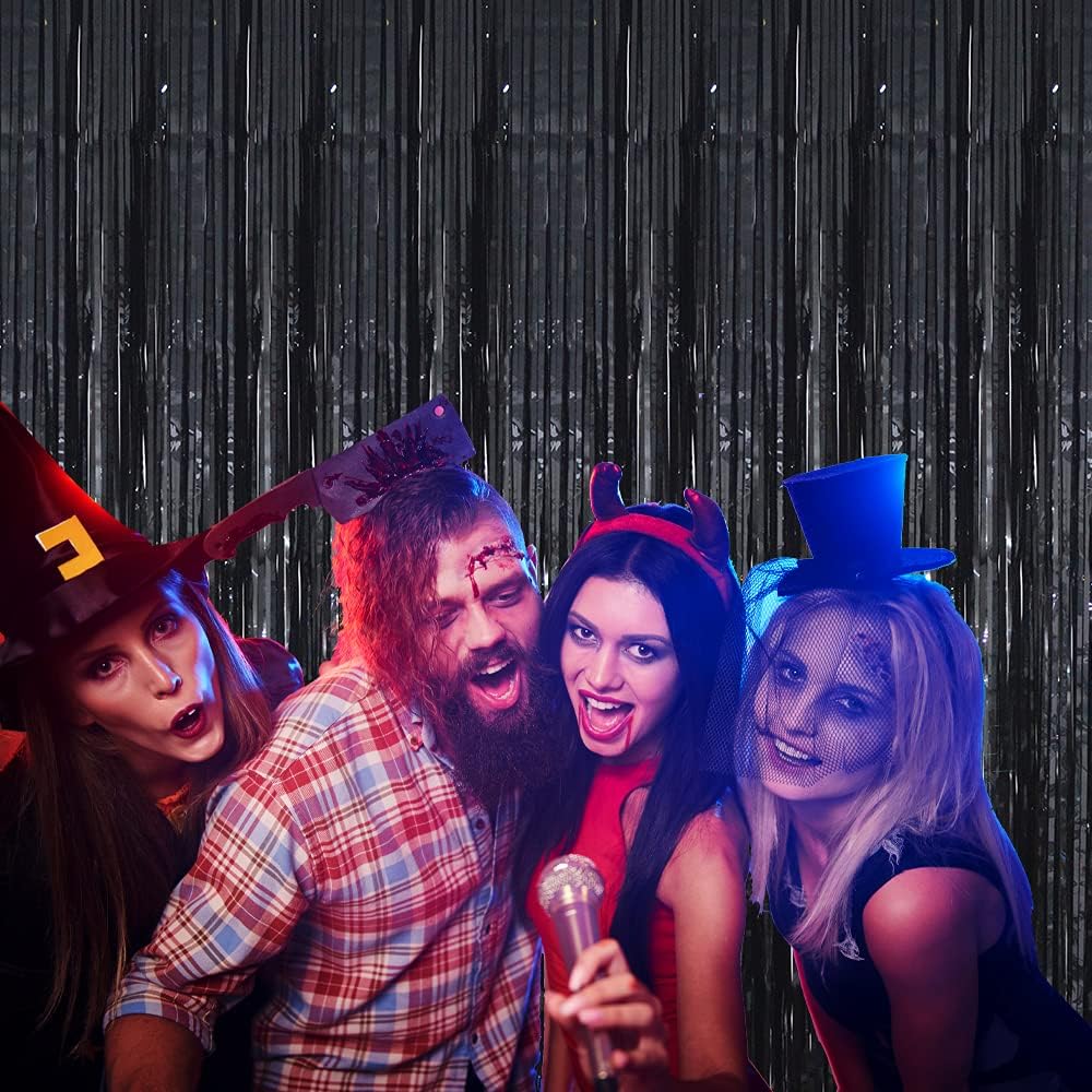 GOER 3.2 ft x 9.8 ft Metallic Tinsel Foil Fringe Curtains Party Photo Backdrop Party Streamers for Halloween,Birthday,Graduation,New Year Eve Decorations Wedding Decor (4 Packs,Black)