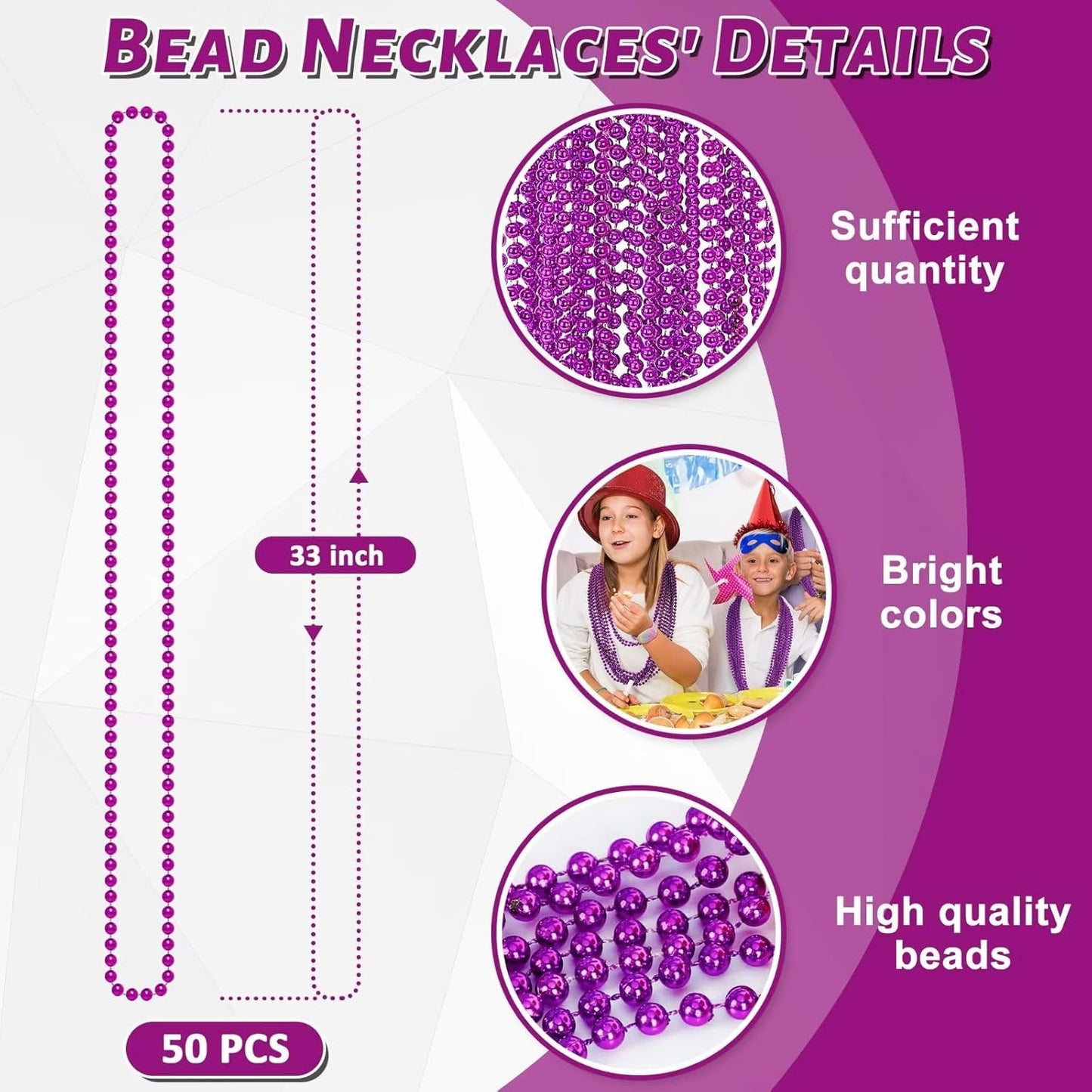 50PCS Mardi Gras Beads, Purple Bead Necklace Party Favors, 33" Necklaces, Festival Parade Throw Accessories for Halloween Mardi Gras Wedding Birthday Celebrations Decorations