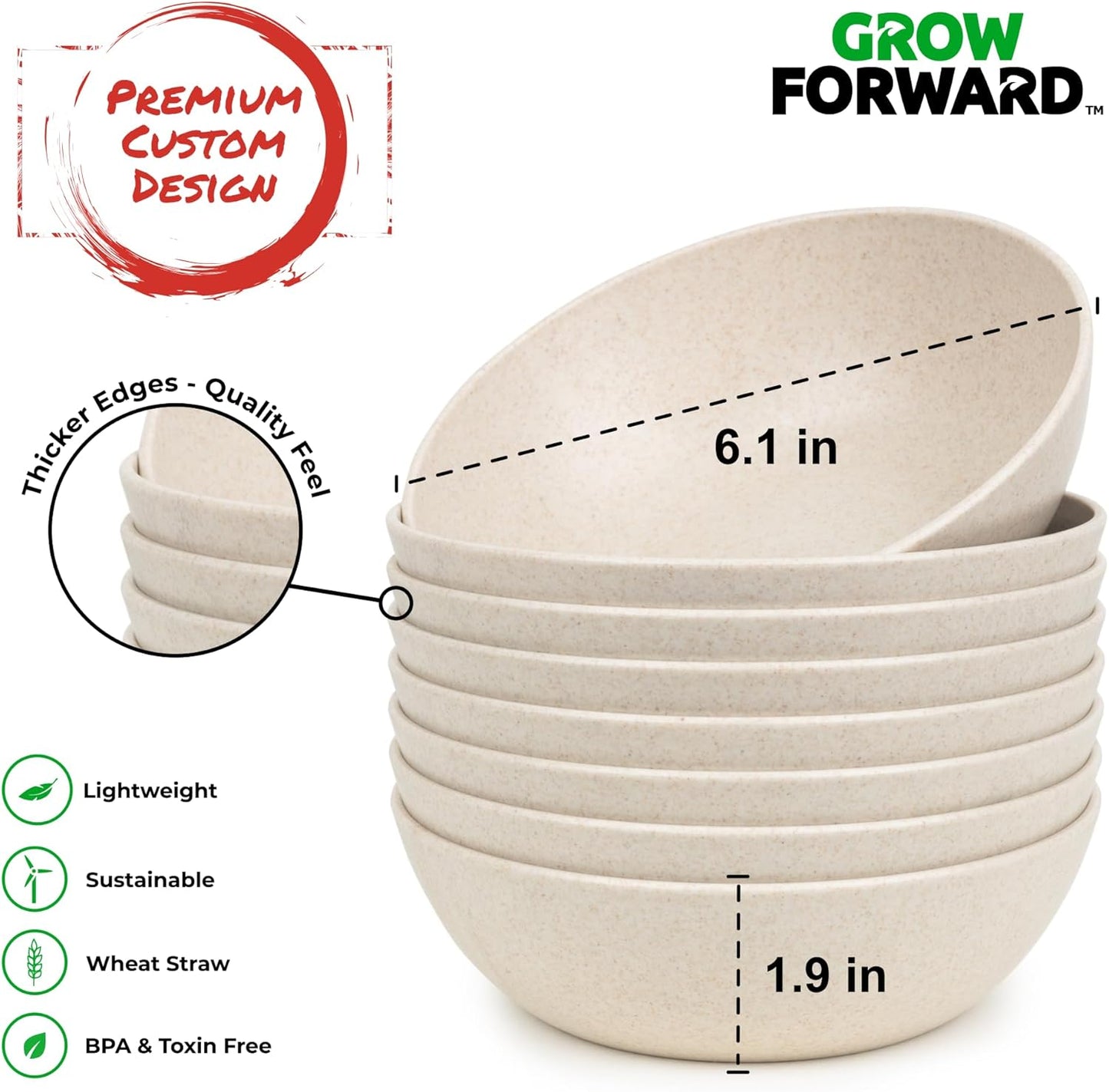 Grow Forward Premium Wheat Straw Bowls - 20oz Microwave Safe Plastic Cereal Bowls Set of 8 for Kitchen, Camping, RV, Dessert, Snack, Soup, Salad, Fruit - Reusable, Unbreakable & BPA Free - Sahara