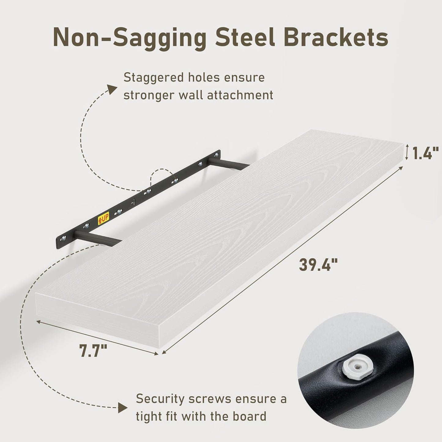 White Floating Shelves Wall Shelf 40 Inch, 8 Inch Deep Floating Shelf for Wall, Farmhouse Black Wood Shelves Invisible Bracket for Living Room, Bedroom, Kitchen, 40 x 8 x 1.4 Inch, Set of 2